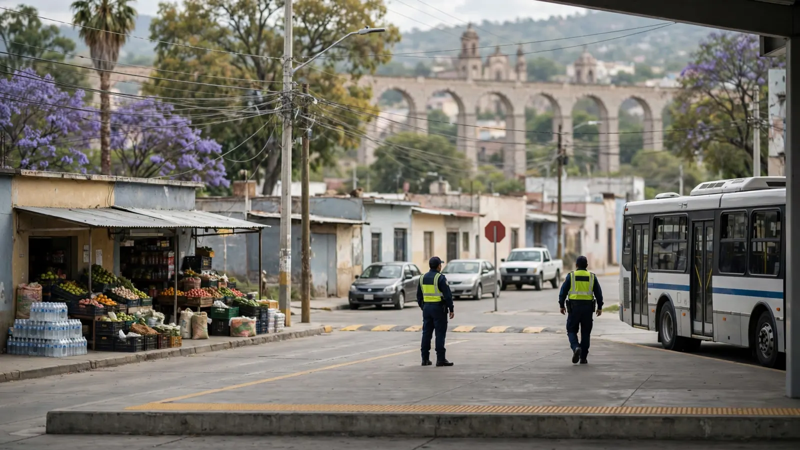 Andén de la Terminal de Autobuses de Querétaro con personal de seguridad