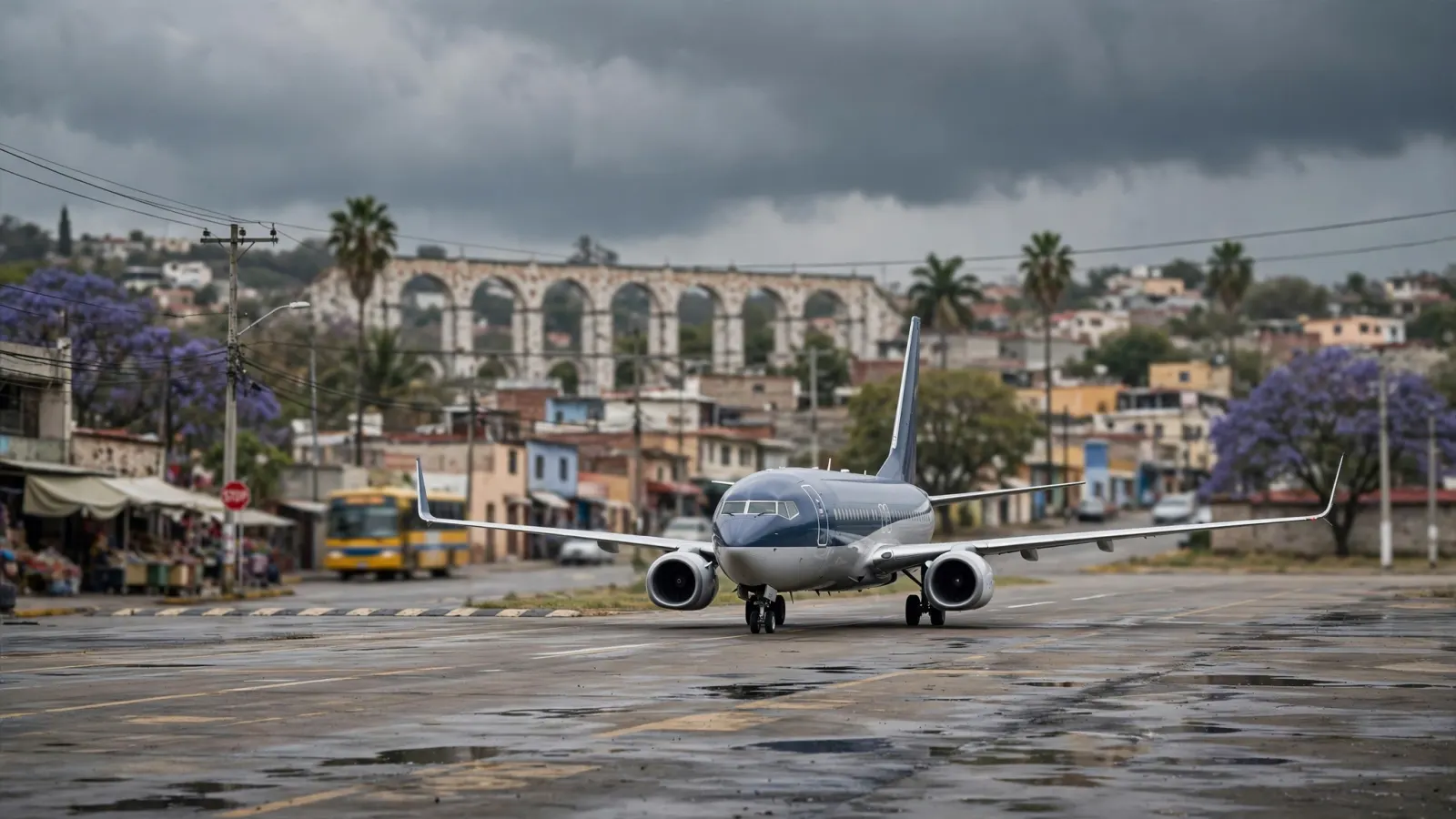 Avión de Aeroméxico en pista con cielo nublado por el huracán Simón en Puerto Vallarta