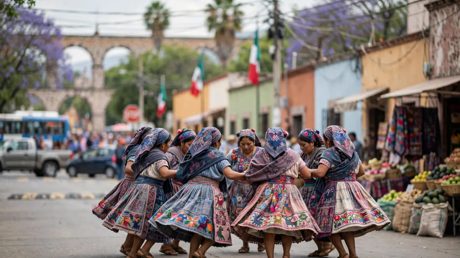 Danza de pastoras otomíes durante la celebración del aniversario de Amealco como Pueblo Mágico