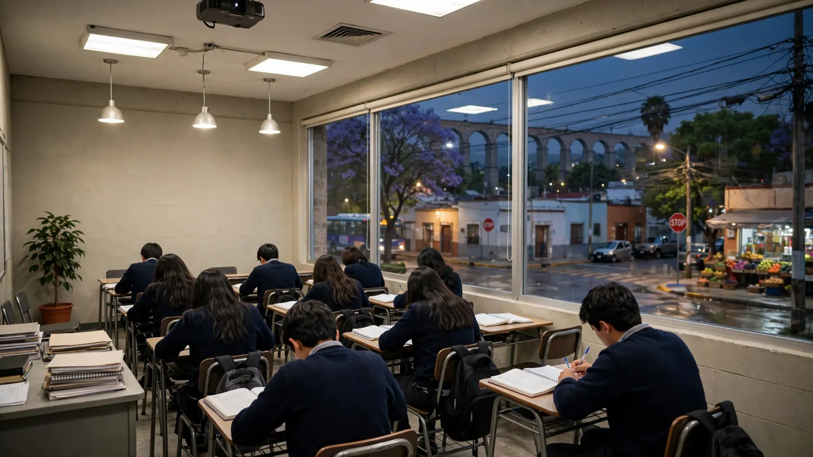 Estudiantes en un salón de clases de la Universidad Anáhuac Querétaro durante una sesión nocturna