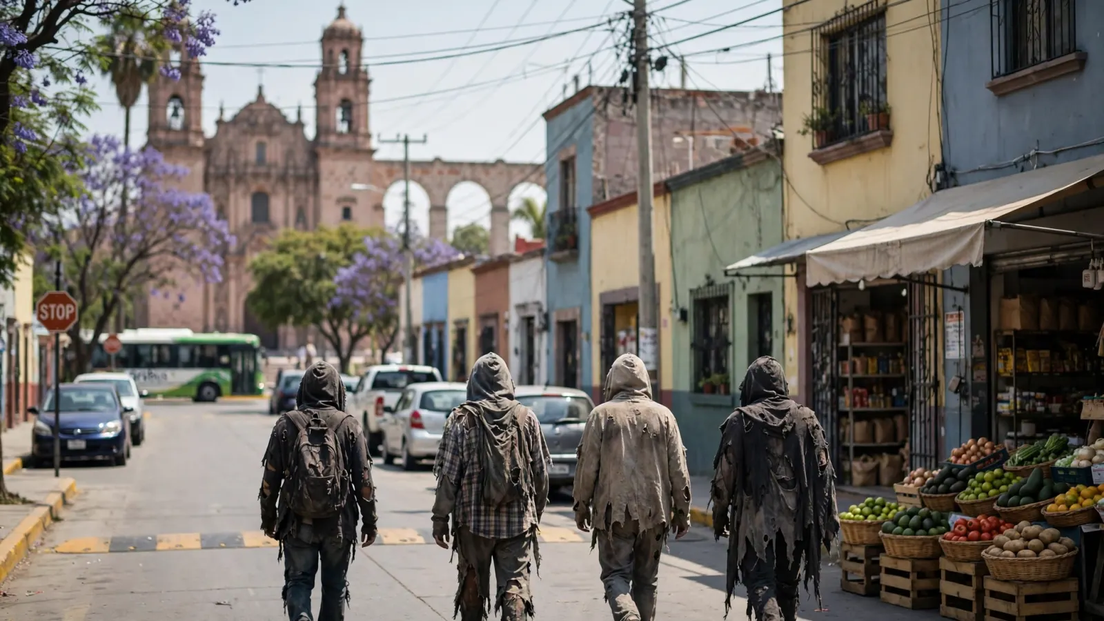 Participantes disfrazados de zombis caminan por una calle del Centro Histórico de Querétaro