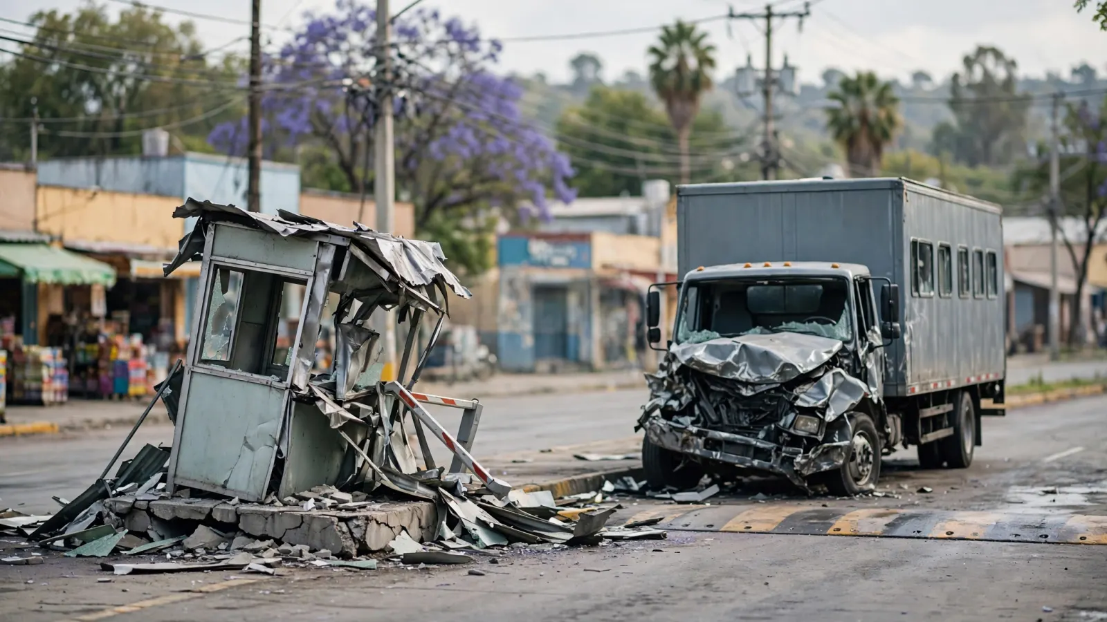 Caseta de vigilancia dañada tras ser impactada por un camión de transporte de personal en el Parque Industrial Querétaro