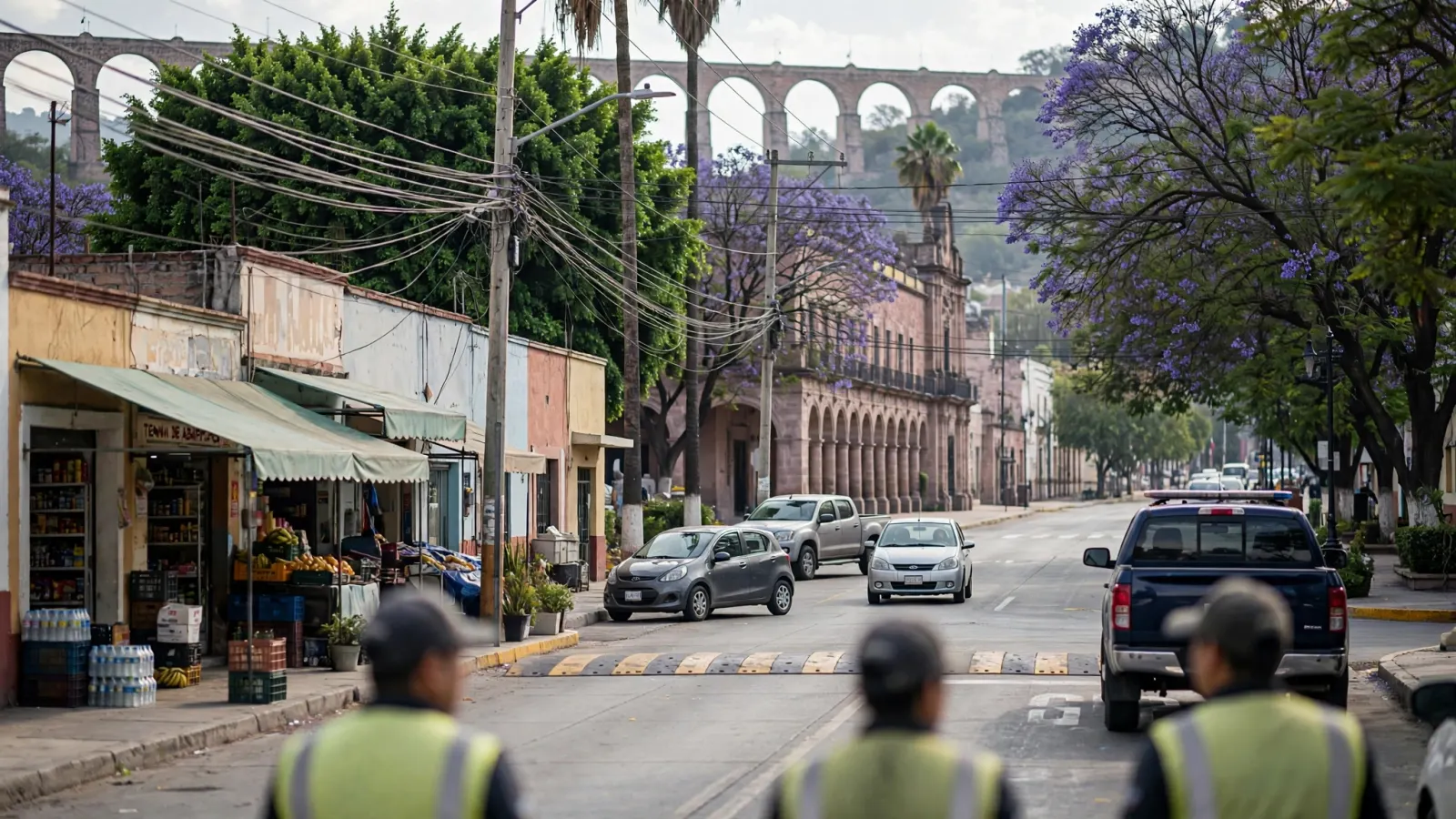 Agentes de movilidad ordenan el tránsito en el cruce de El Tobogán, en Corregidora