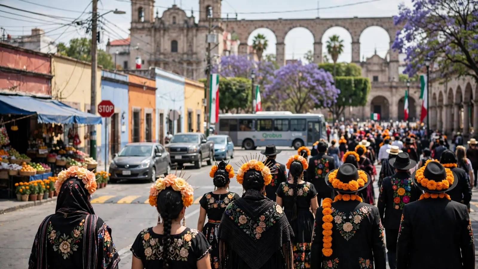 Participantes caracterizados para el Desfile de Día de Muertos en el Centro Histórico de Querétaro