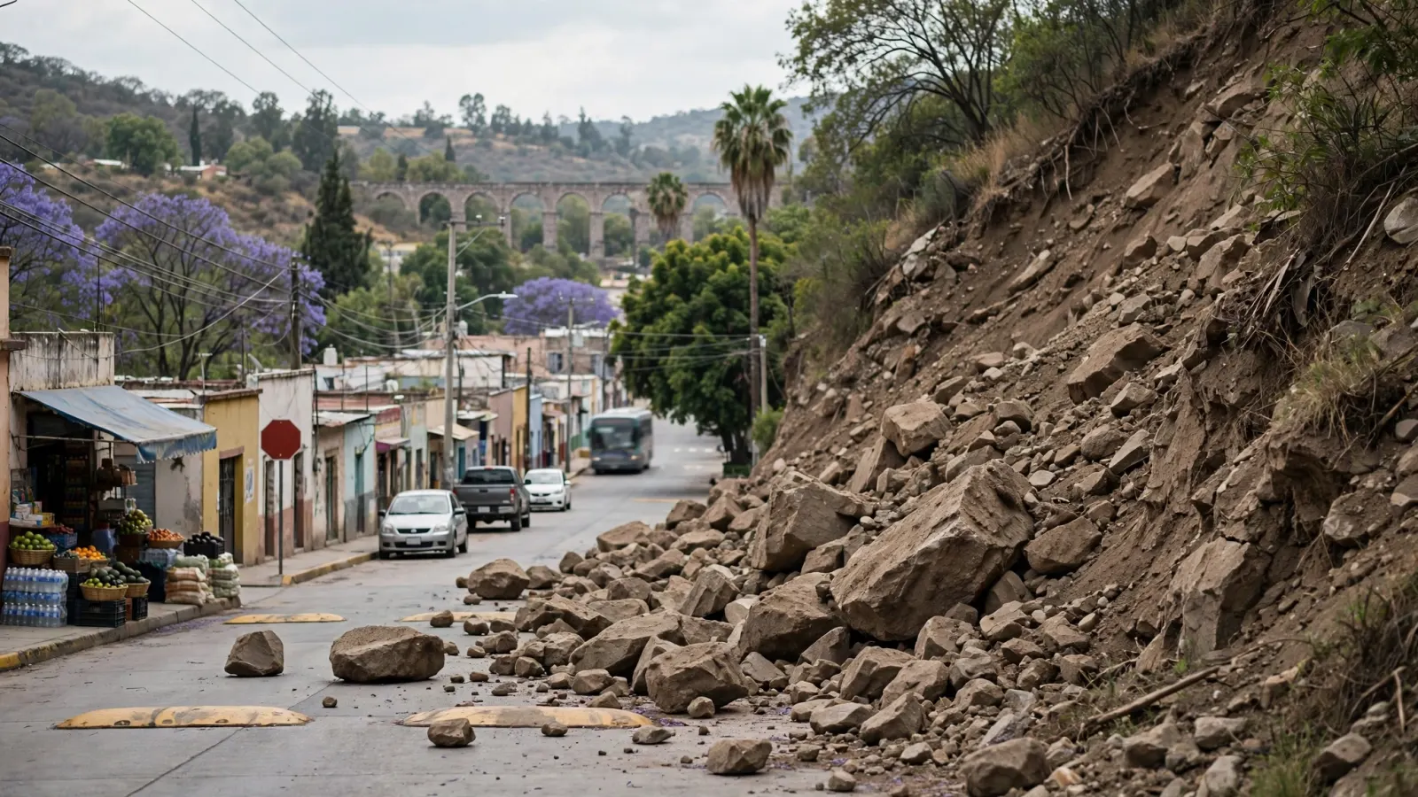 Talud inestable y material de roca sobre la carretera federal 120 en la Sierra Gorda de Querétaro