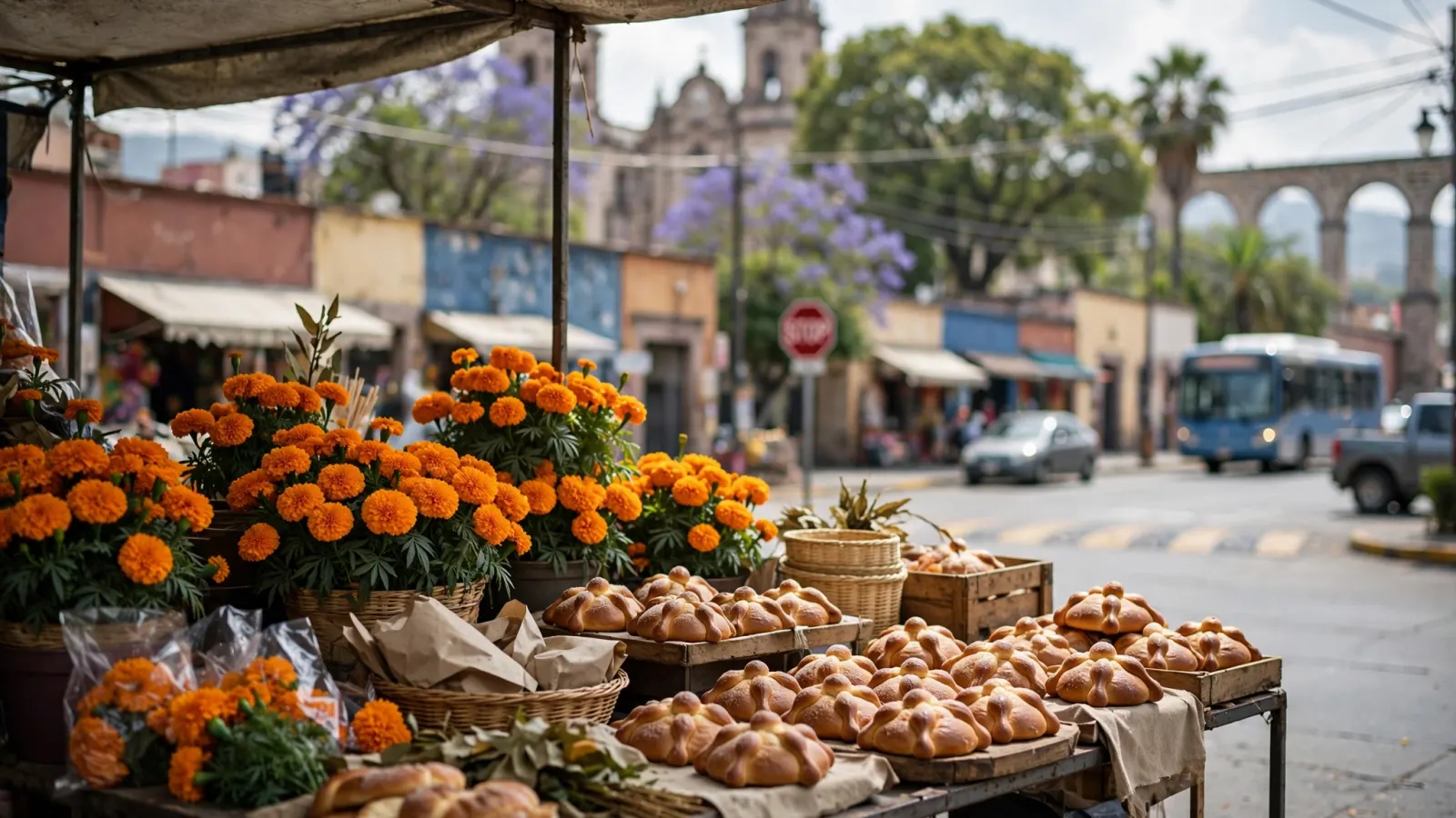 Puesto de venta de flores de cempasúchil y pan de muerto en un mercado de Querétaro