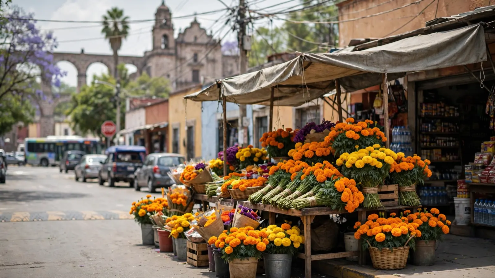 Puesto de flores de cempasúchil en un mercado de Querétaro durante la temporada de Día de Muertos