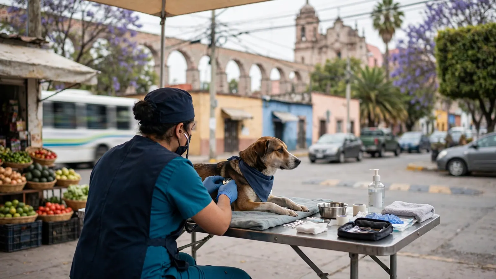 Veterinario municipal atiende a un perro durante una jornada de esterilización gratuita en Querétaro