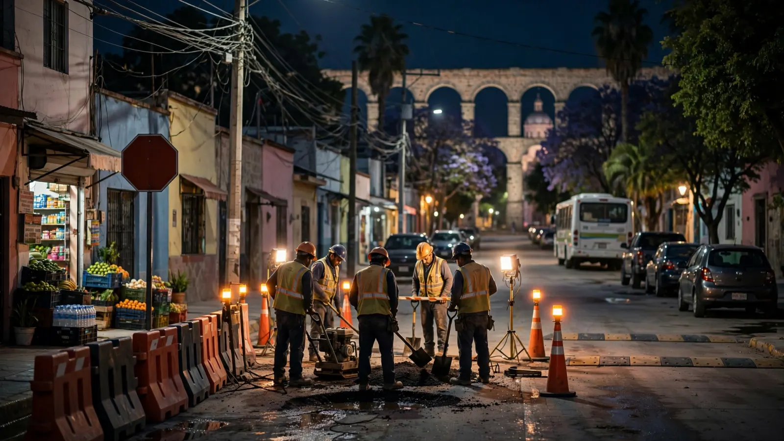 Cuadrilla de trabajadores realiza bacheo nocturno en una calle de Querétaro