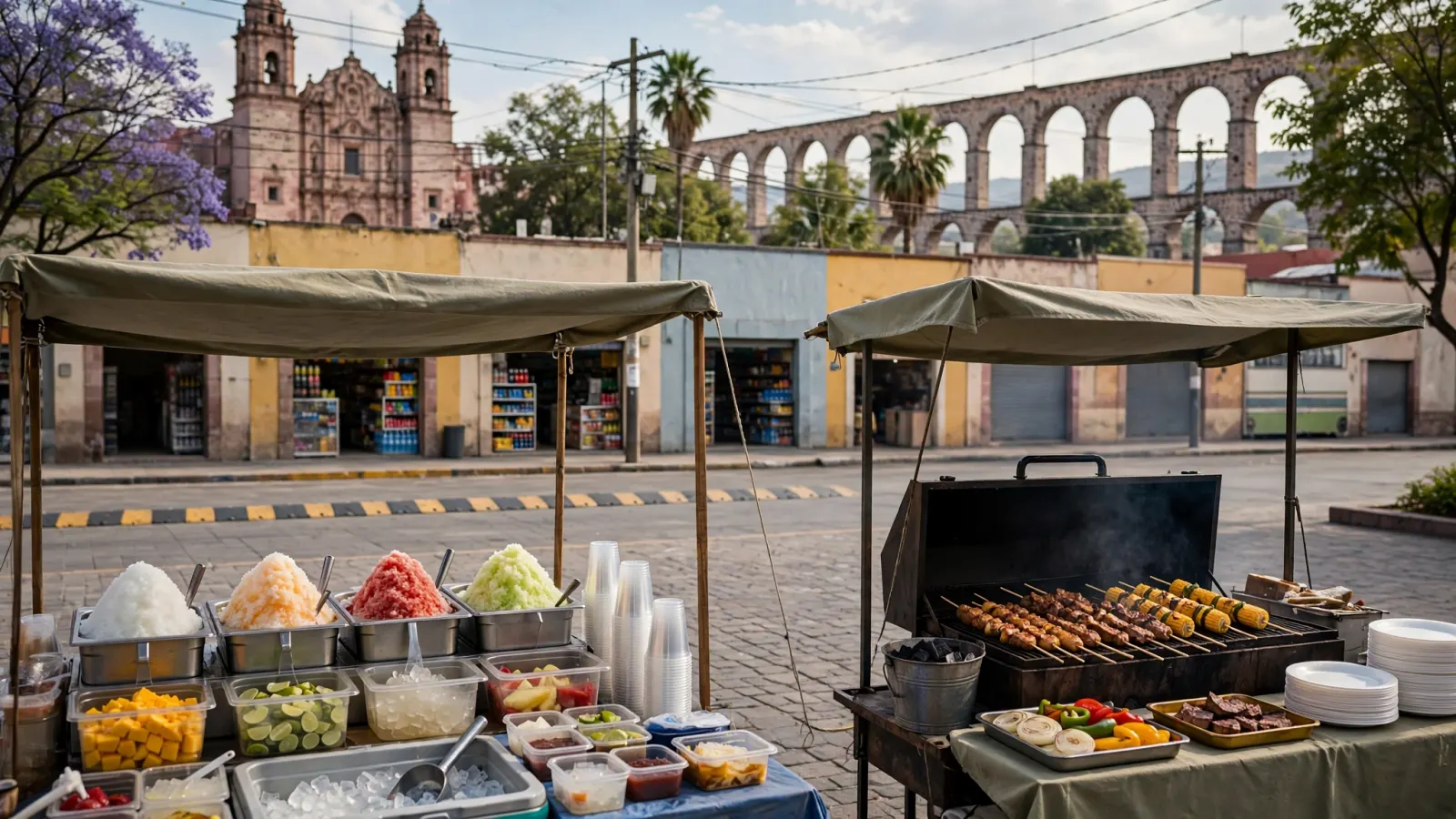 Puestos de nieve y barbacoa durante el Festival de la Nieve y la Barbacoa en la Plaza Bicentenario de Hércules