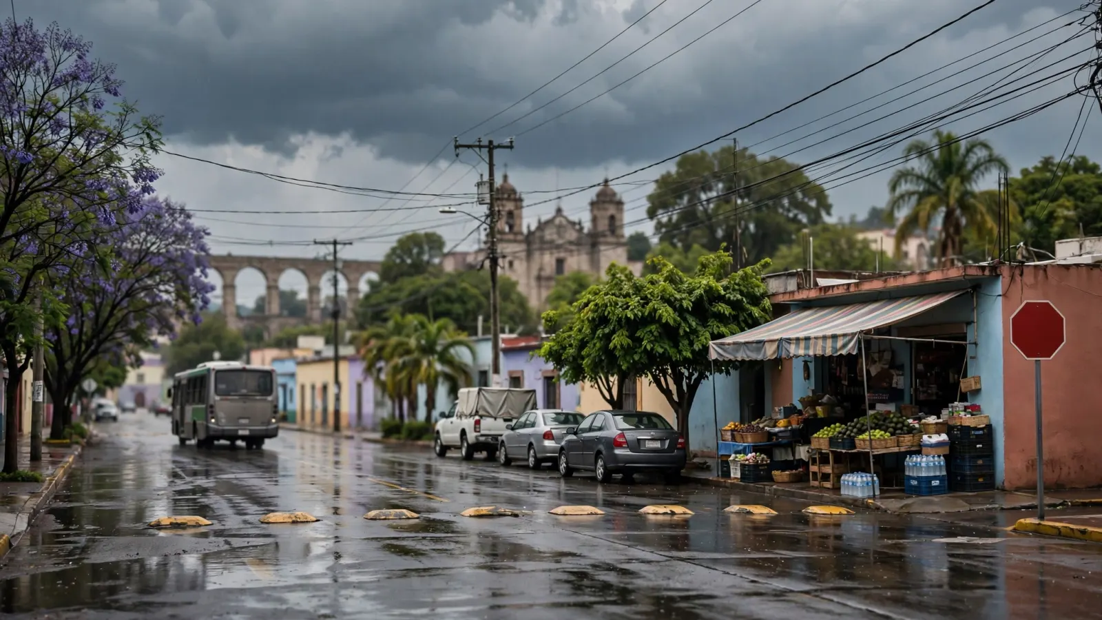 Nubes de tormenta sobre una carretera mojada en el centro de México