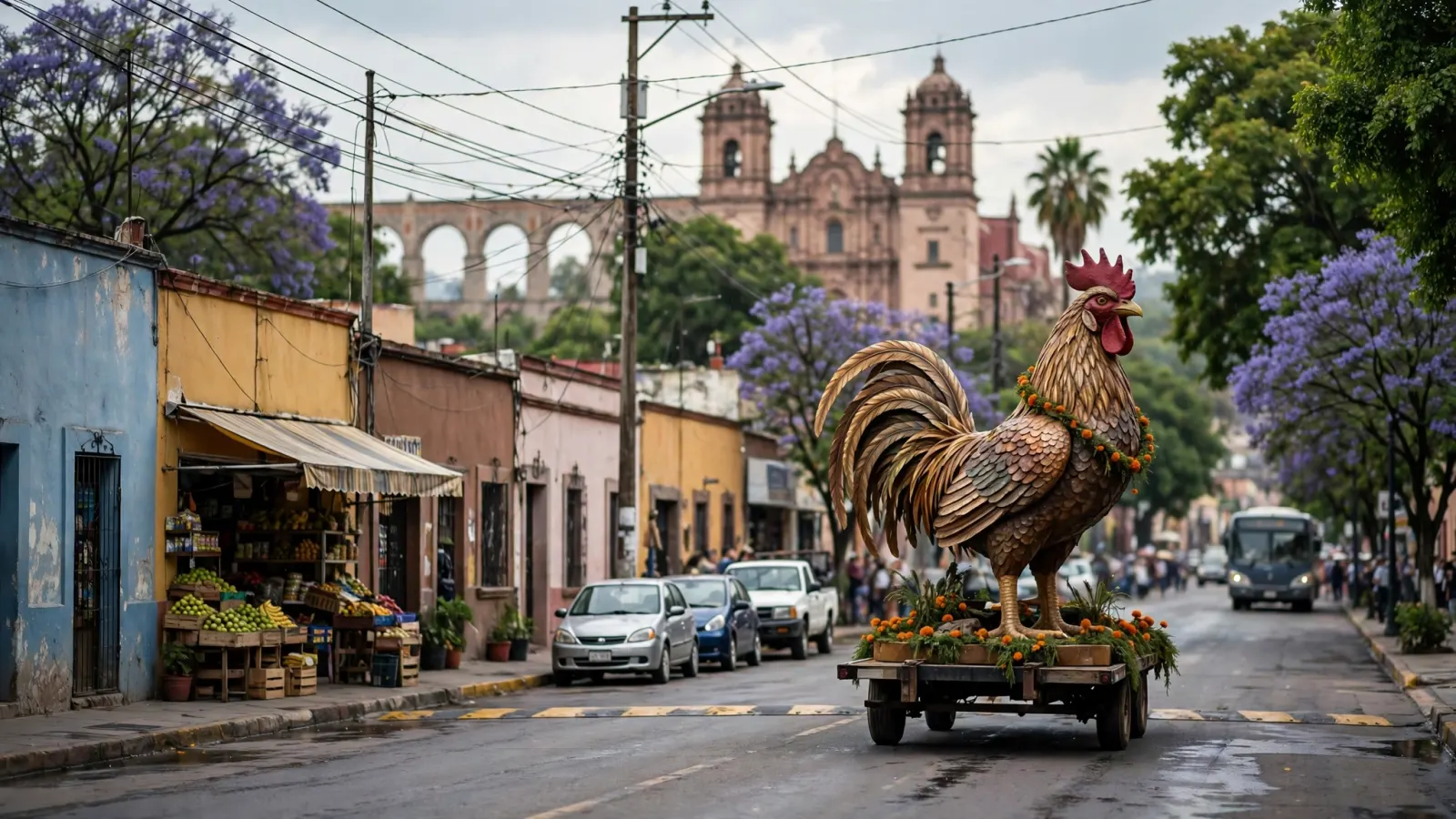 Procesión del Gallo Monumental recorriendo las calles rumbo a la Catedral de Querétaro