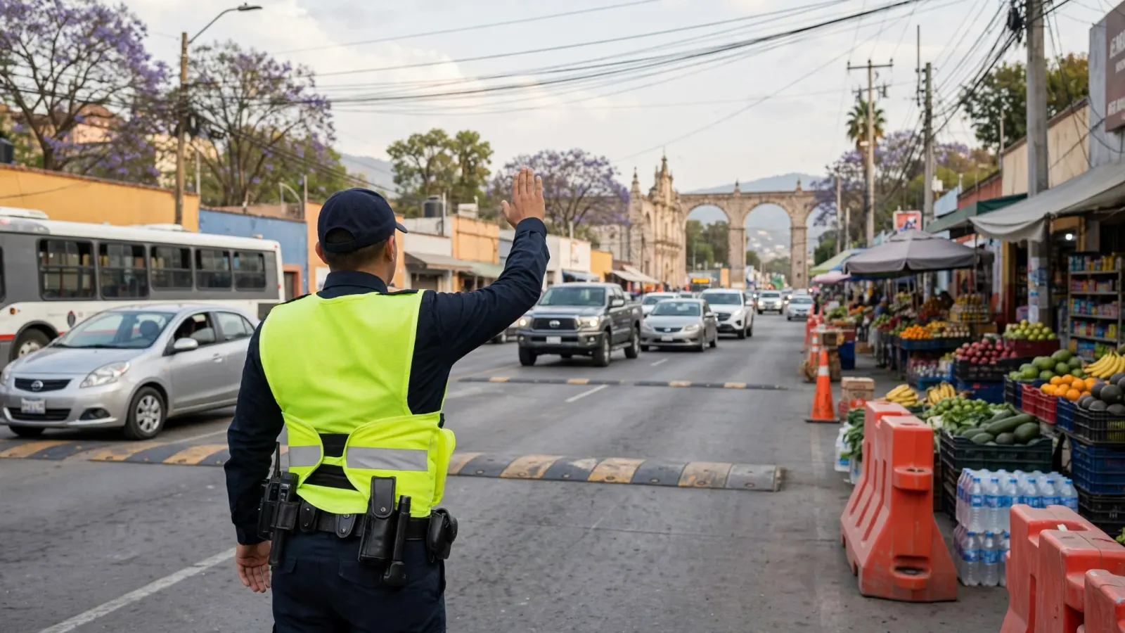 Agente de la Guardia Vial de Querétaro dirige el tránsito en una vialidad de la capital