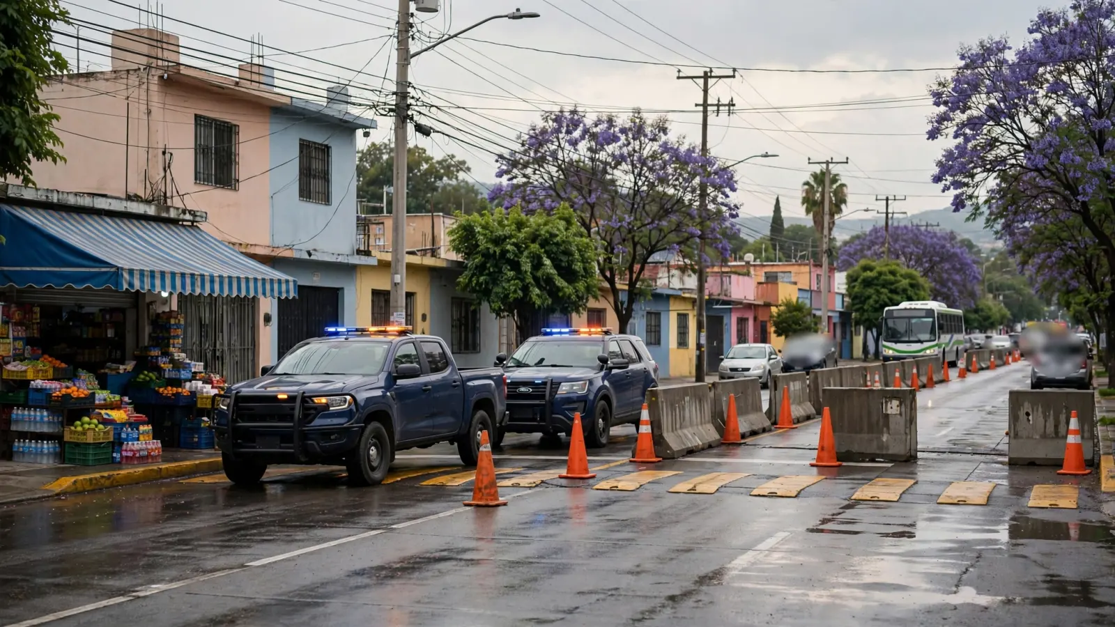 Patrullas de la policía municipal resguardan la Avenida Paseo de las Peñas en la colonia Satélite tras el ataque armado