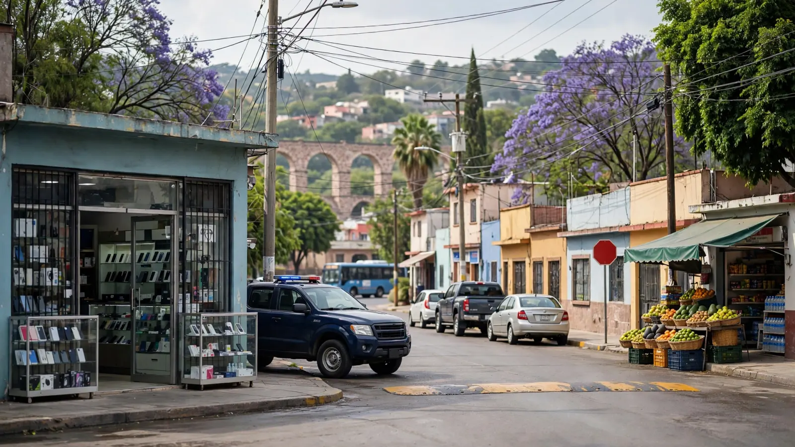 Fachada de un local de celulares resguardado por la policía en la colonia Los Fresnos, Querétaro
