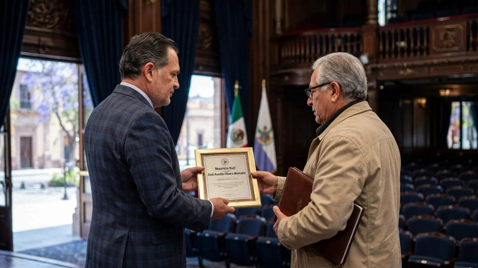 El gobernador Mauricio Kuri entrega un reconocimiento al maestro José Aurelio Olvera Montaño en el Teatro de la Ciudad
