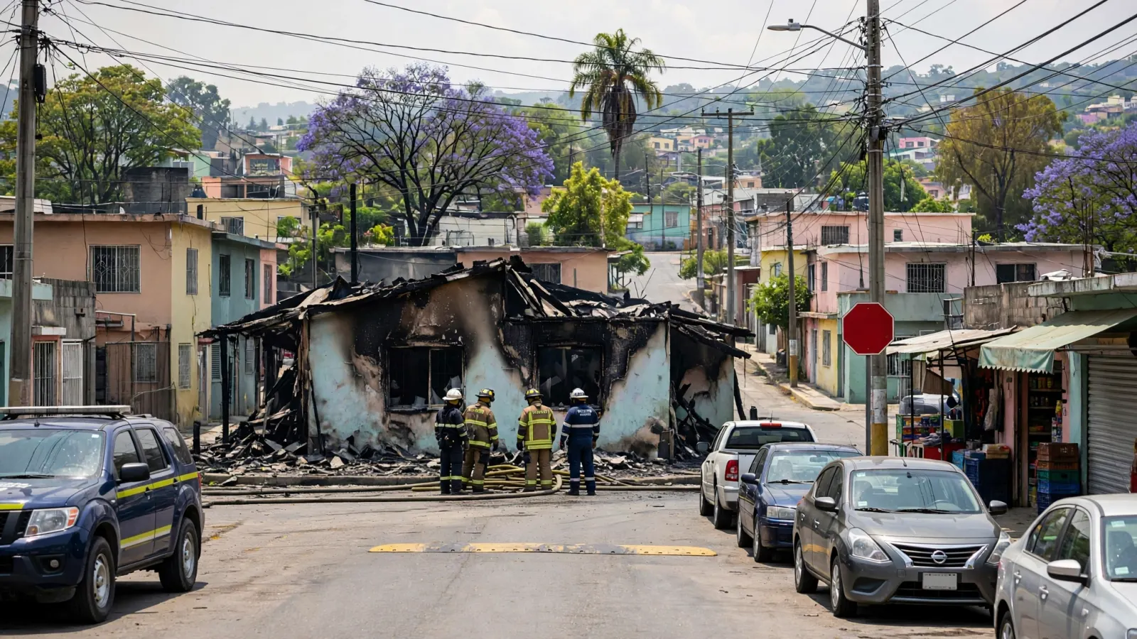 Bomberos y personal de Protección Civil trabajan frente a una vivienda incendiada en la colonia Movimiento Obrero, en Querétaro
