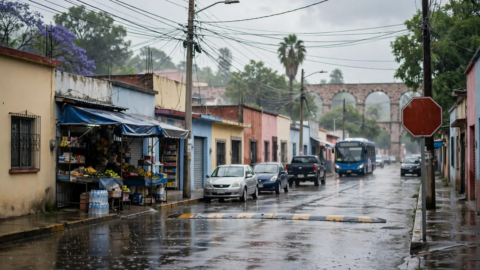 Lluvia cayendo sobre una calle de Querétaro durante un día nublado