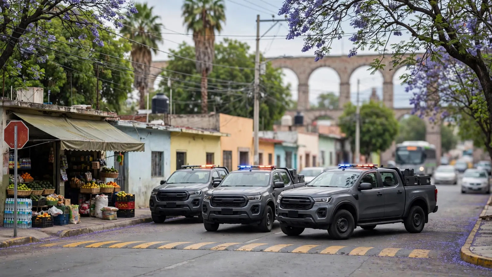 Vehículos de la Fiscalía General del Estado de Querétaro durante un operativo de búsqueda