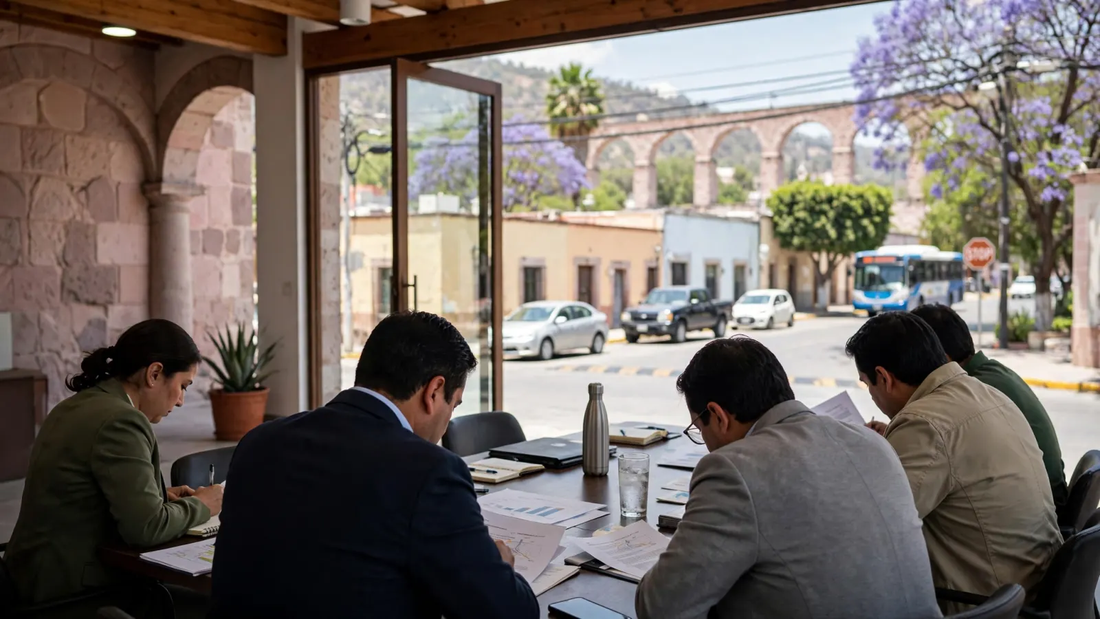 El alcalde Felipe Fernando Macías Olvera en reunión de trabajo con su gabinete en el Centro Cívico de Querétaro