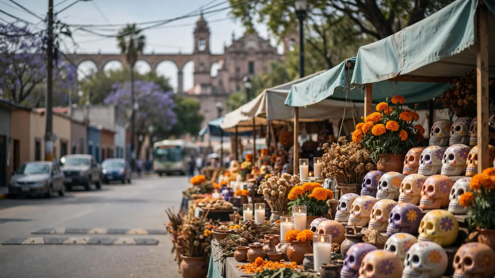 Puestos con calaveras, flores y velas en el Mercadito de Día de Muertos del CEART