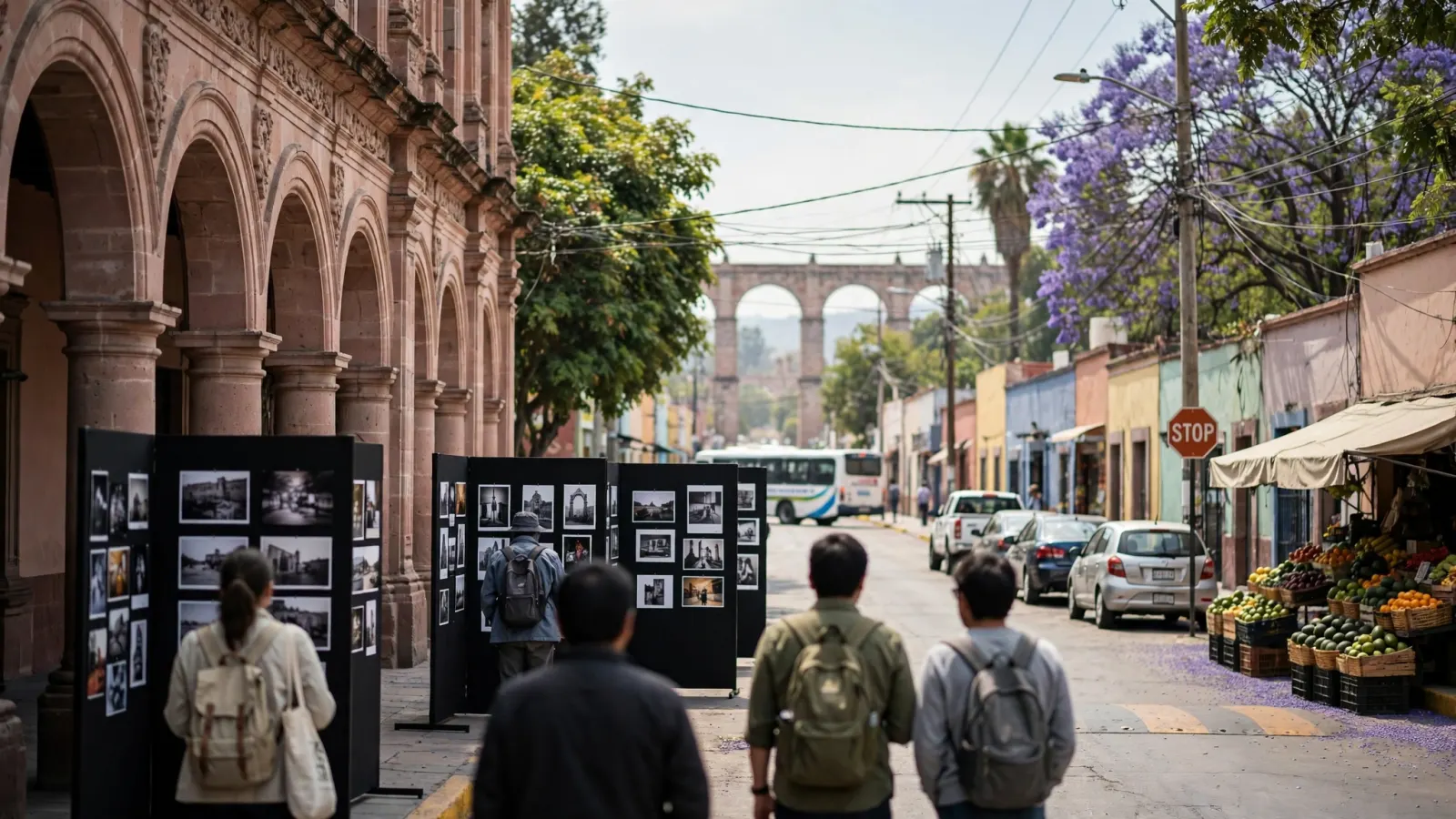 Visitantes recorren una exposición de fotografía de calle durante el Mexico Street Photo Fest en el Museo de Arte de Querétaro