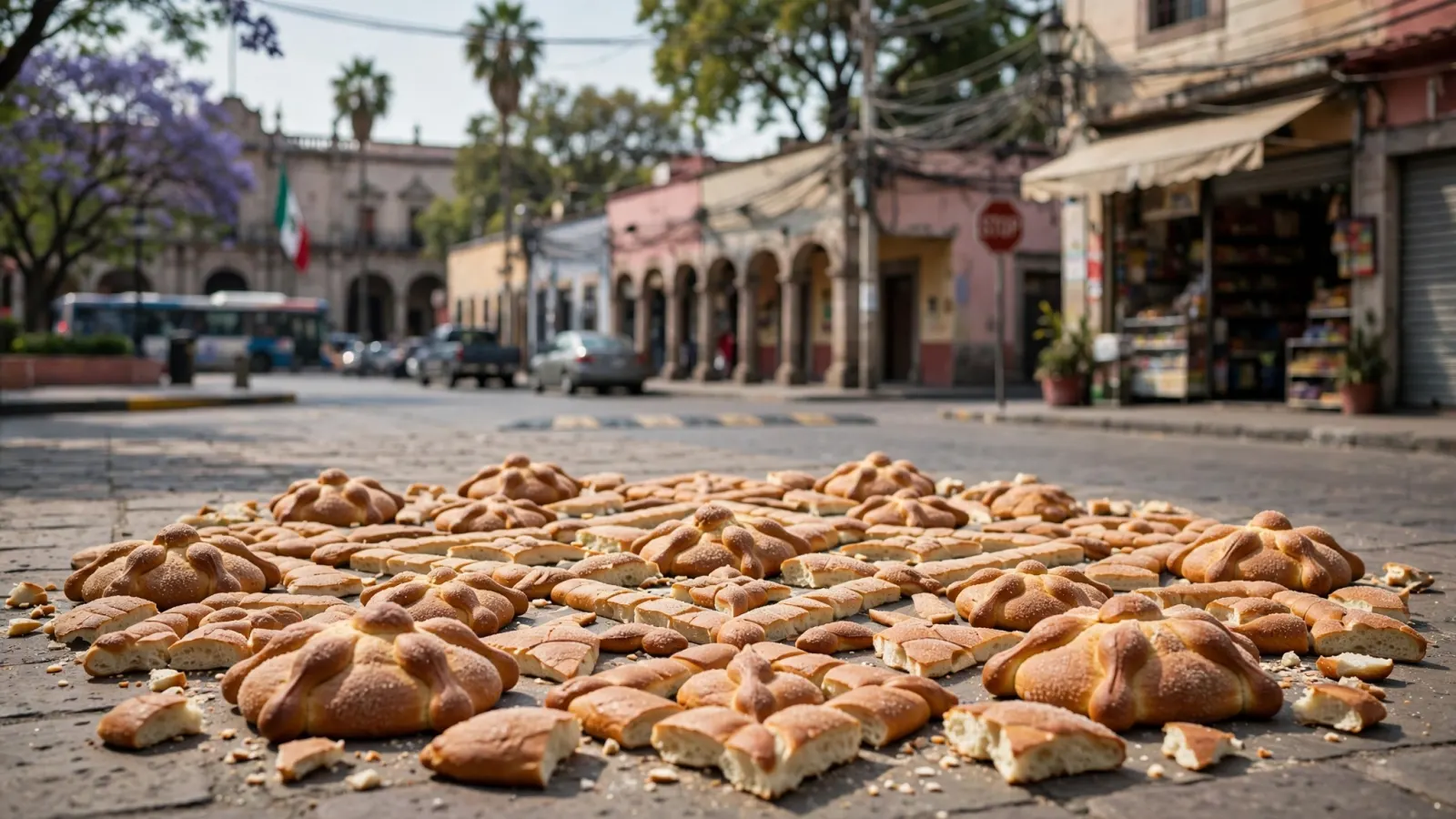 Piezas de pan de muerto acomodadas para formar un mosaico en un espacio público
