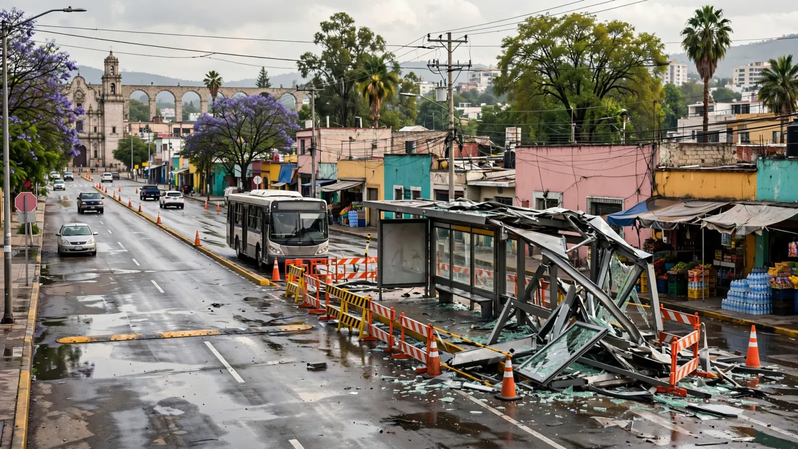 Bahía de transporte público dañada tras un accidente en avenida Corregidora Norte, Querétaro
