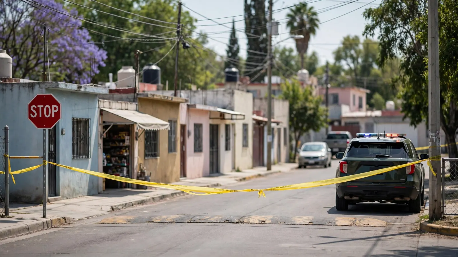 Patrulla y cinta de acordonamiento frente a una vivienda en la colonia Villas de Santiago, Querétaro