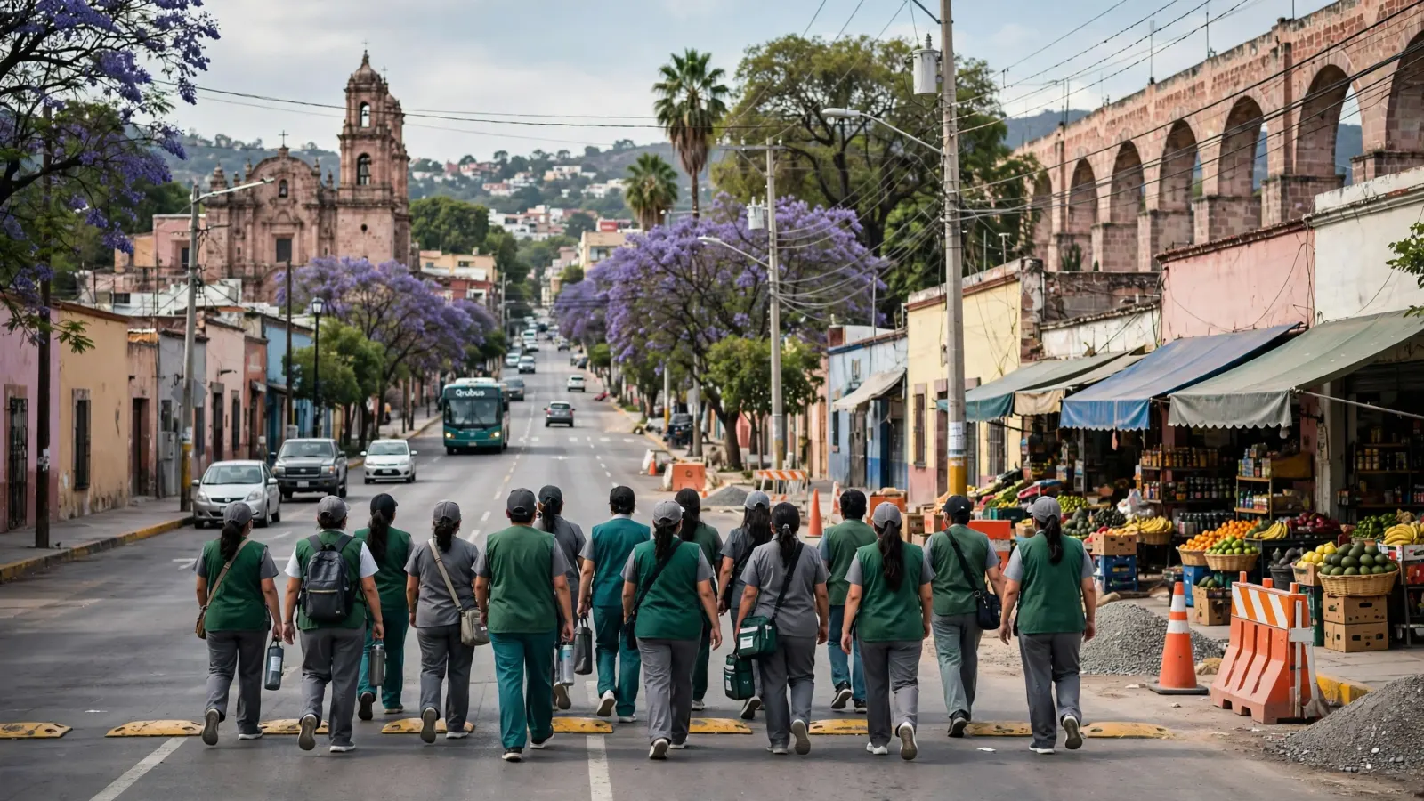 Trabajadores del IMSS marchan por una avenida de Querétaro durante el paro nacional