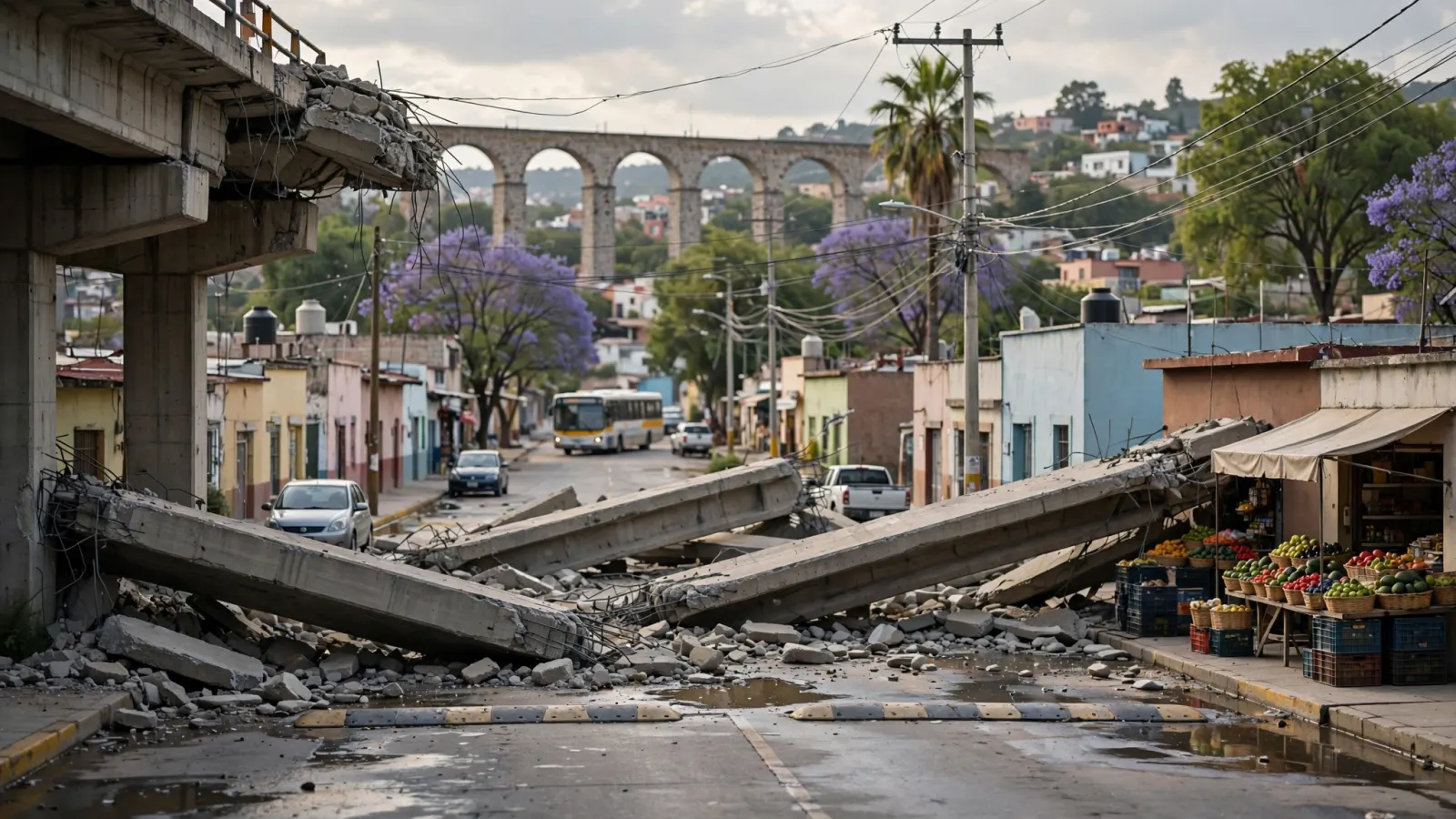 Trabes caídas en la estructura del puente El Chilar, en Tolimán, Querétaro