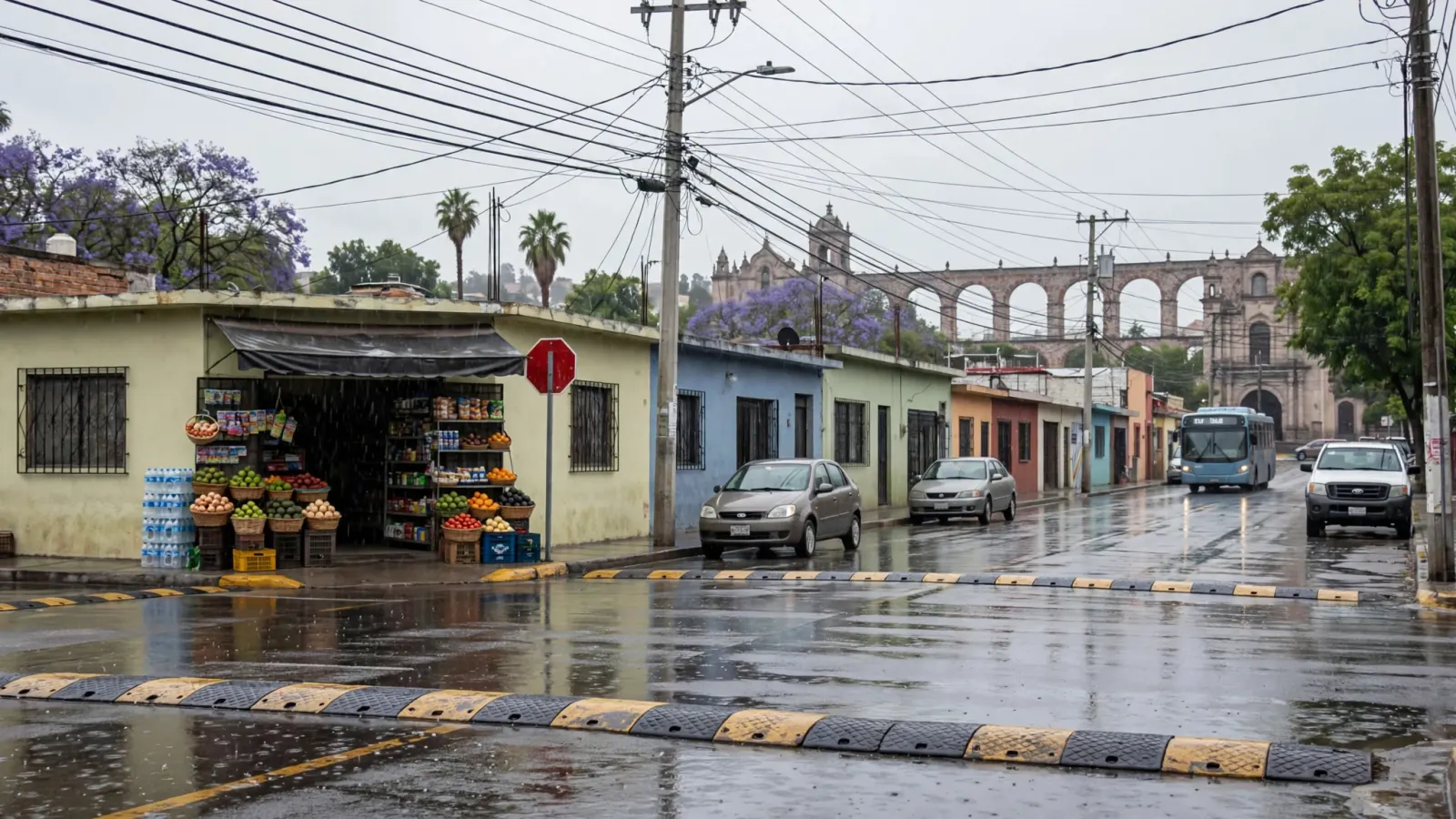 Cielo nublado sobre Querétaro con lluvia ligera en una calle de la ciudad