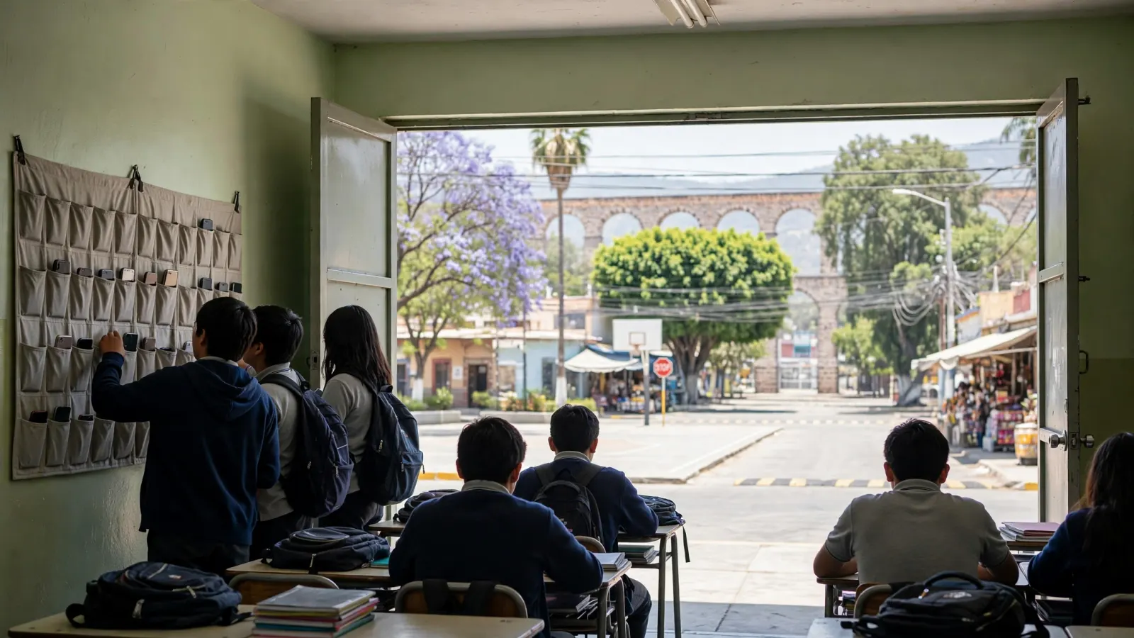 Estudiantes guardan sus celulares en un salón de clases en Querétaro
