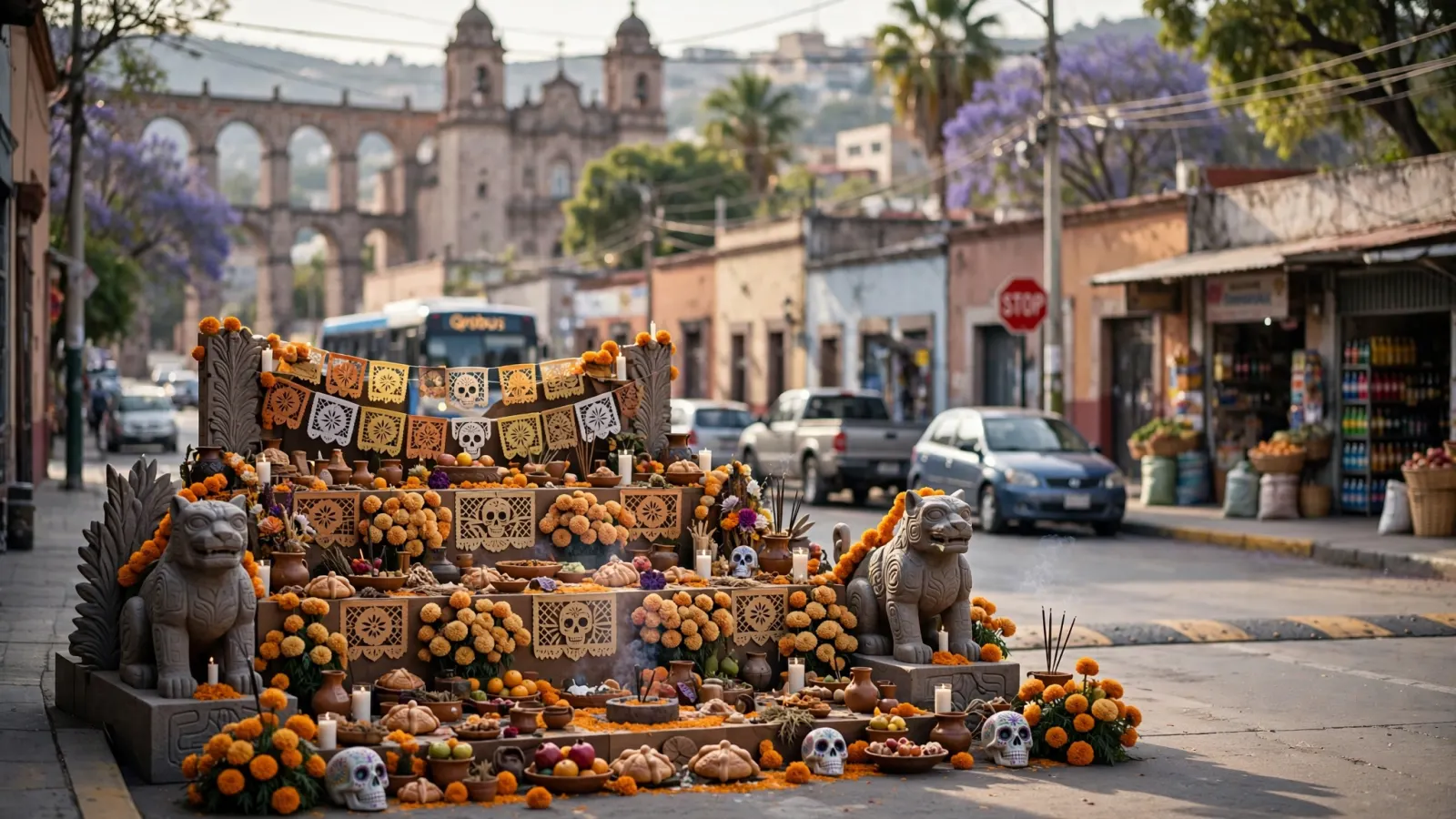 Altar monumental de Día de Muertos “Guardianes del Patrimonio” en Querétaro
