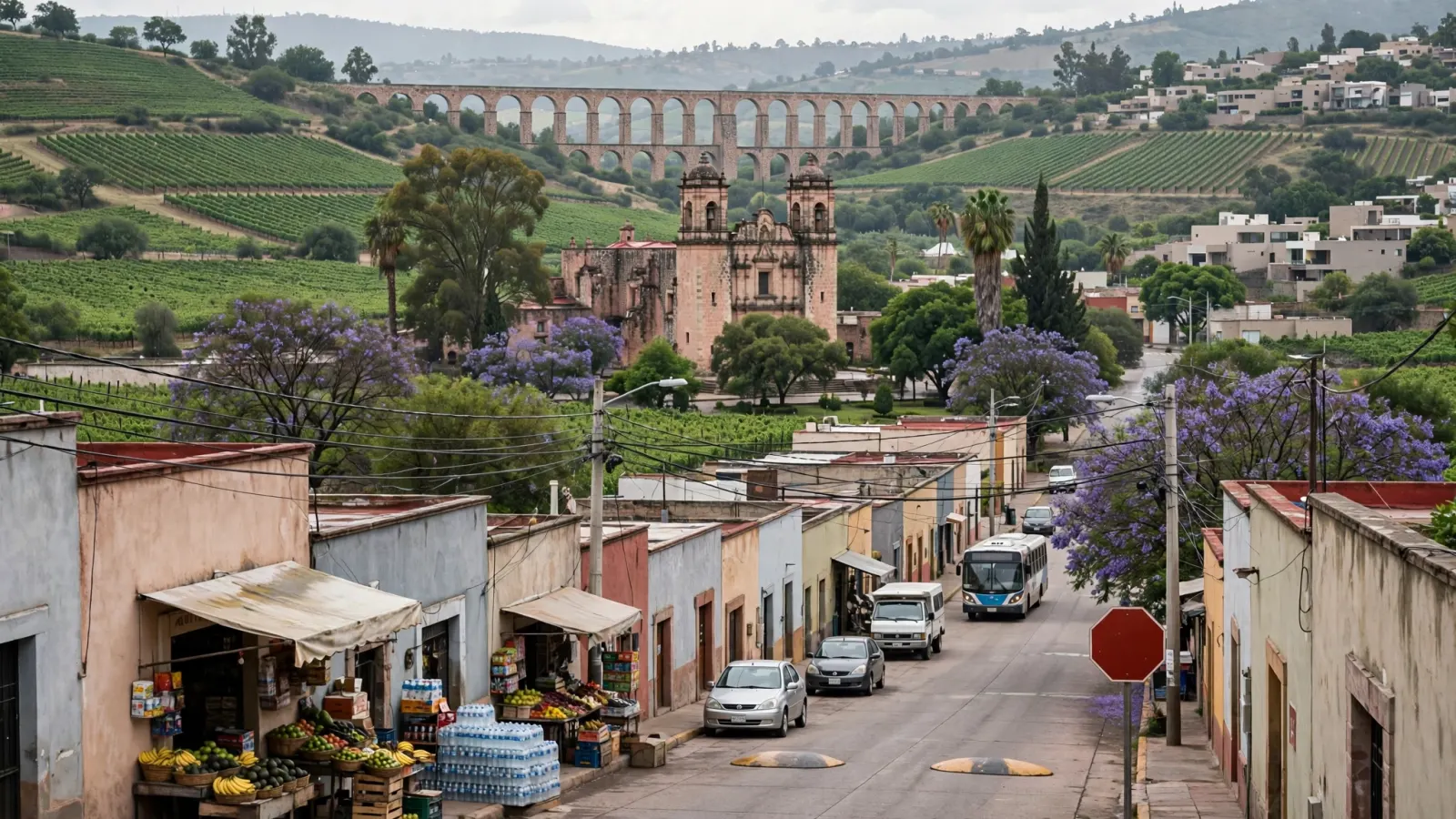 Vista de un Pueblo Mágico de Querétaro rodeado de viñedos