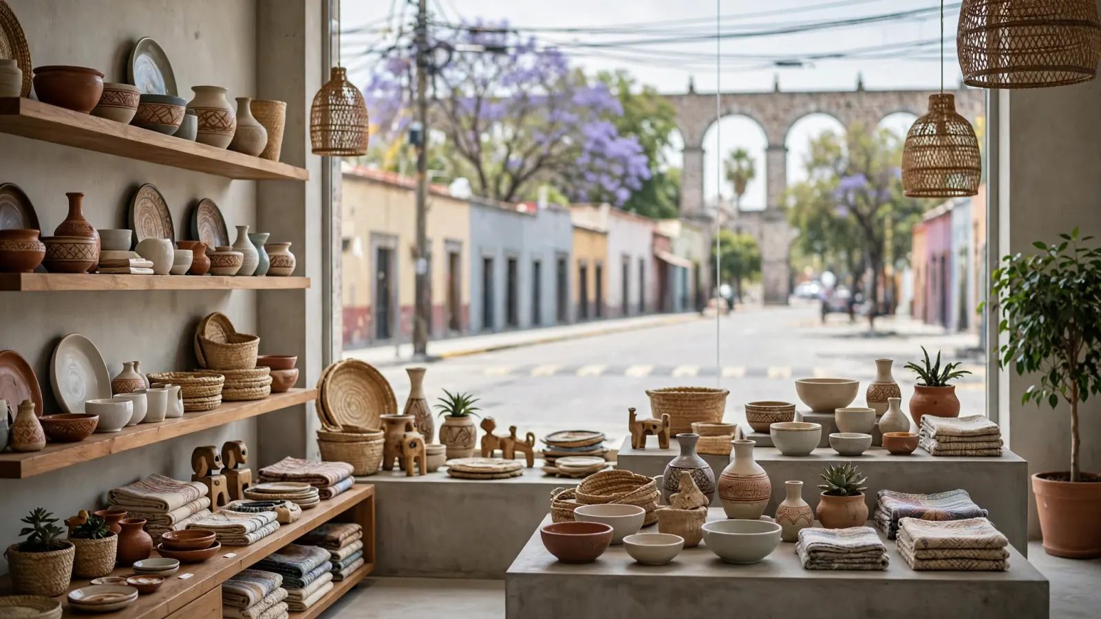 Piezas artesanales mexicanas exhibidas en una tienda de diseño contemporáneo