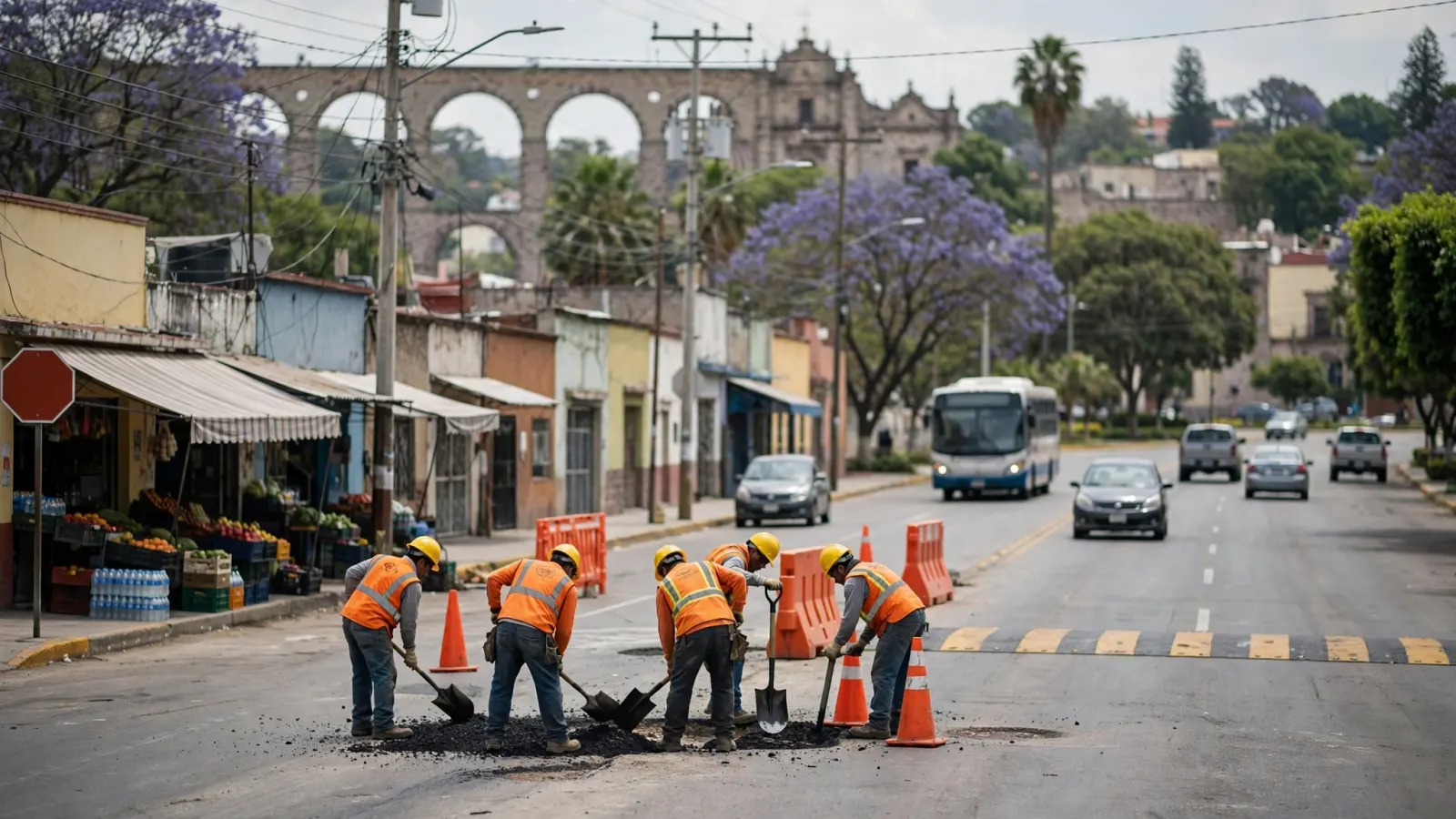 Cuadrilla de trabajadores realiza bacheo en una vialidad de Querétaro