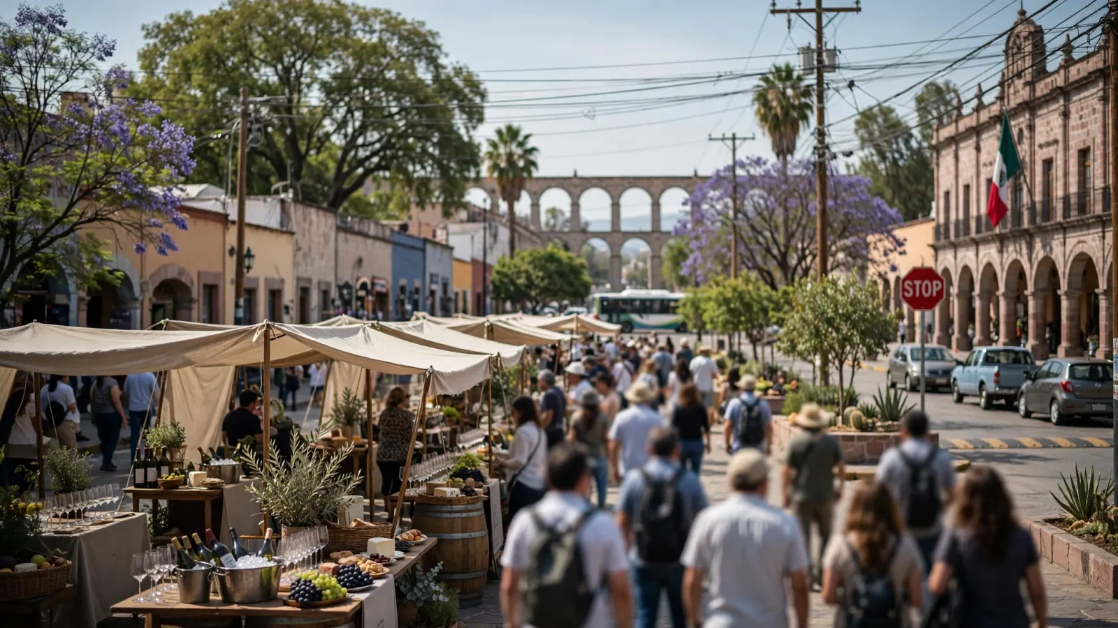 Visitantes recorren puestos de cata de vino en la Plaza del Gran Cué, en Corregidora, durante el Festival del Vino Queretano