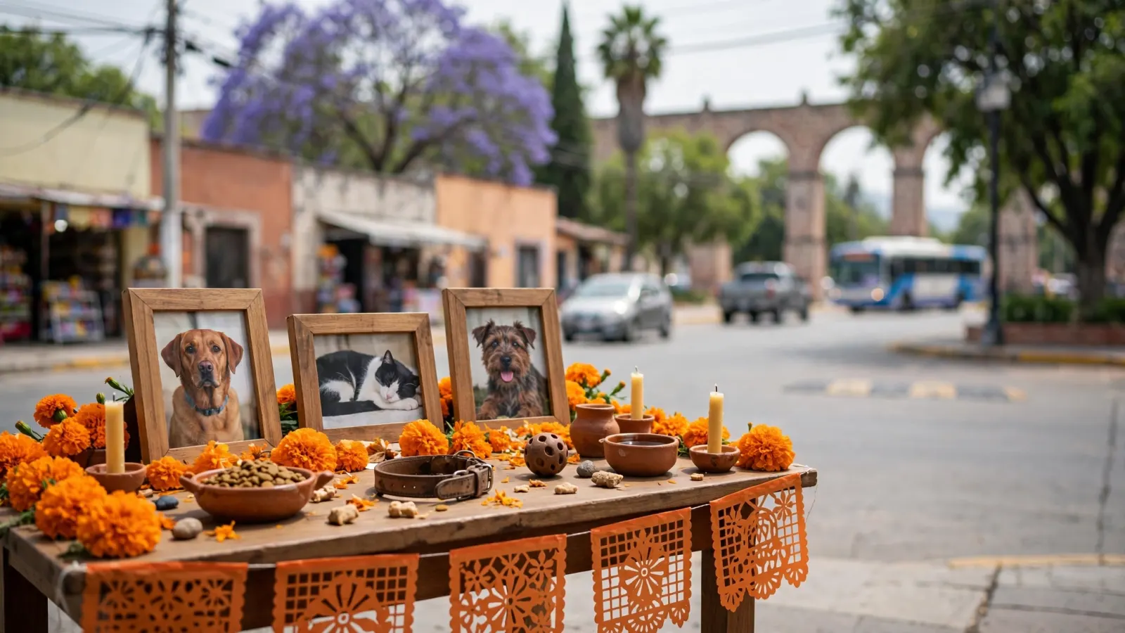 Fotografías de mascotas colocadas en una ofrenda de Día de Muertos en Querétaro