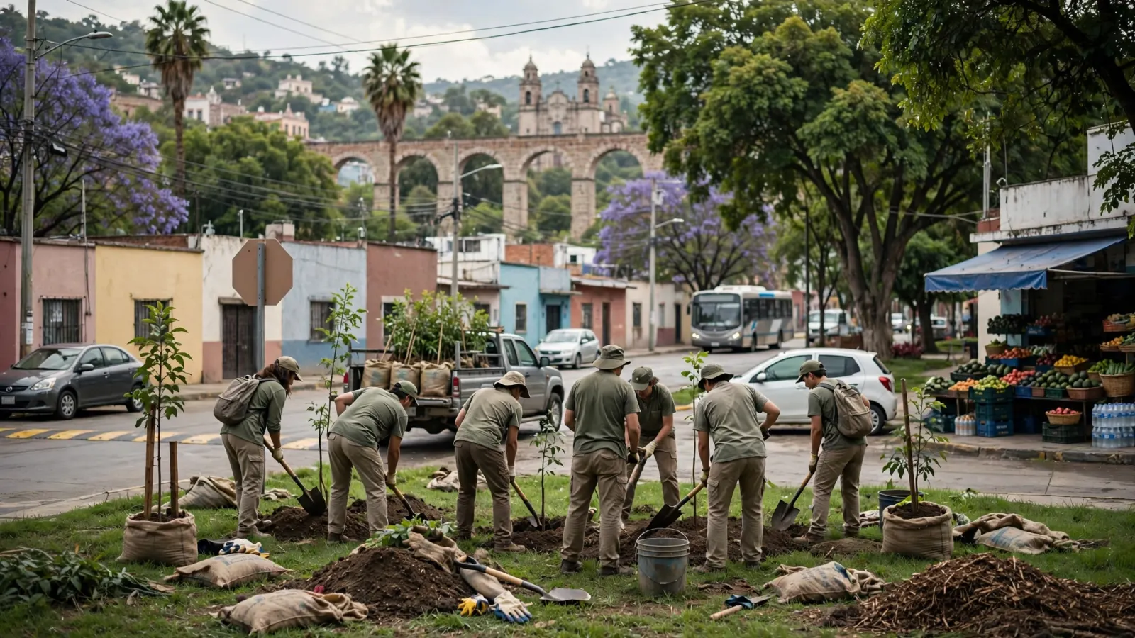 Voluntarios participan en una jornada de reforestación en un área verde de Querétaro