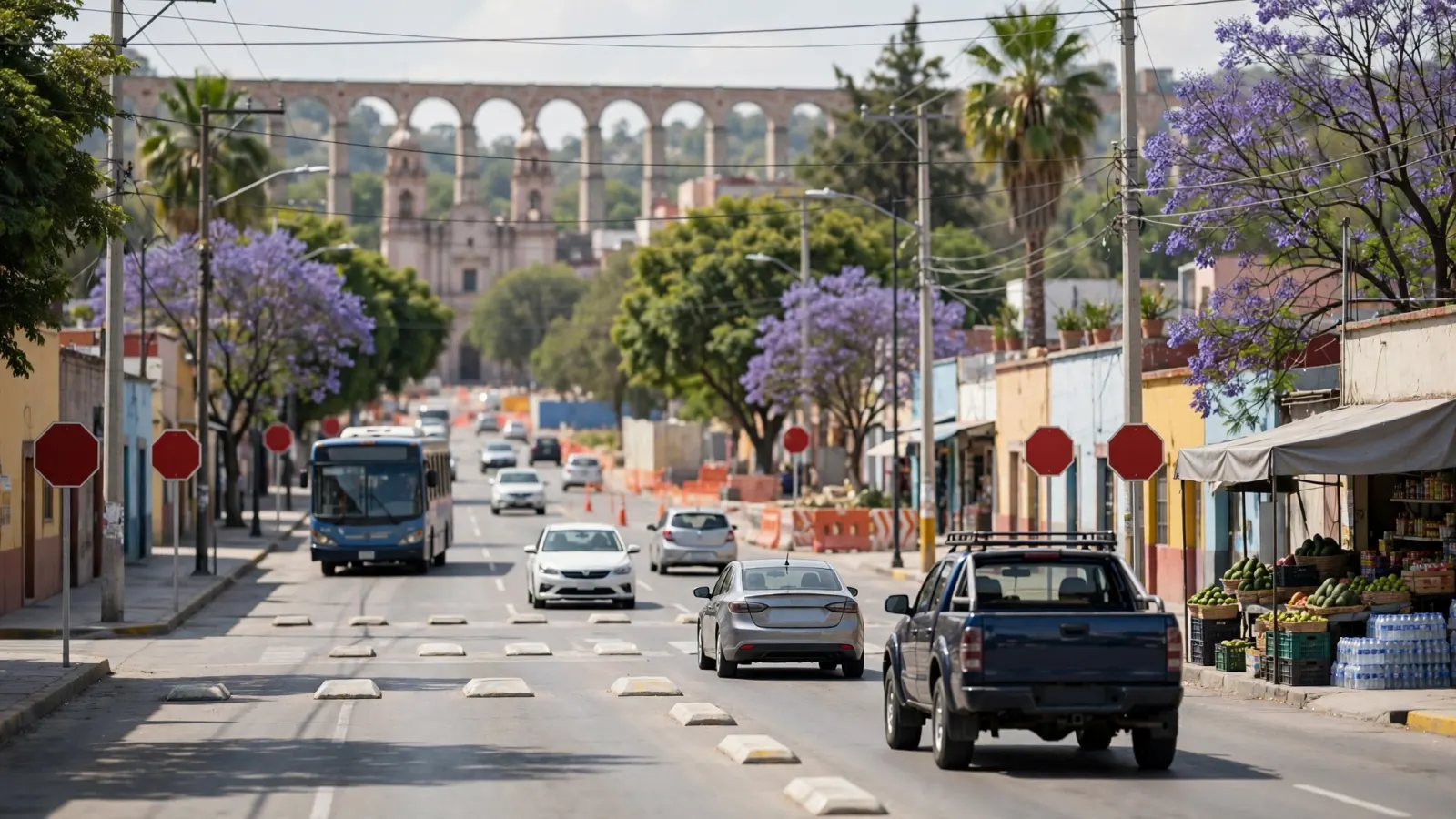 Avenida 5 de Febrero en Querétaro con tránsito vehicular