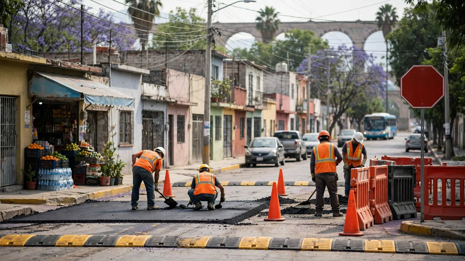 Trabajadores municipales rehabilitan una calle en una colonia de Querétaro