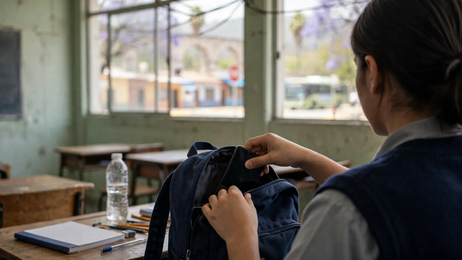 Estudiante guarda su celular en el salón de clases en una escuela de Querétaro