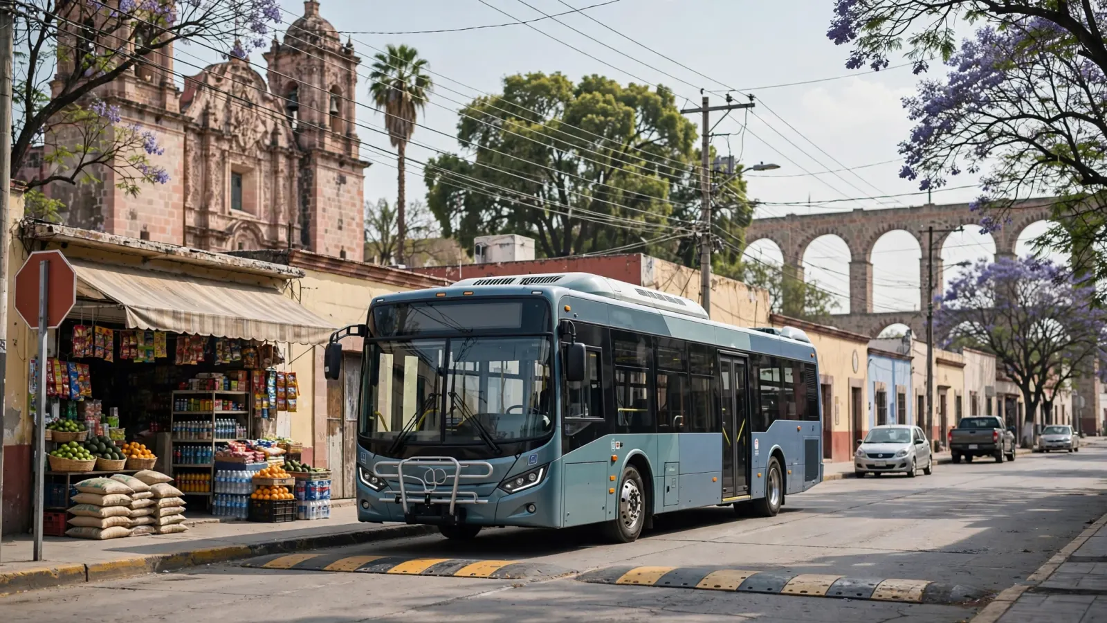 Autobús eléctrico del transporte gratuito en el Centro Histórico de Querétaro