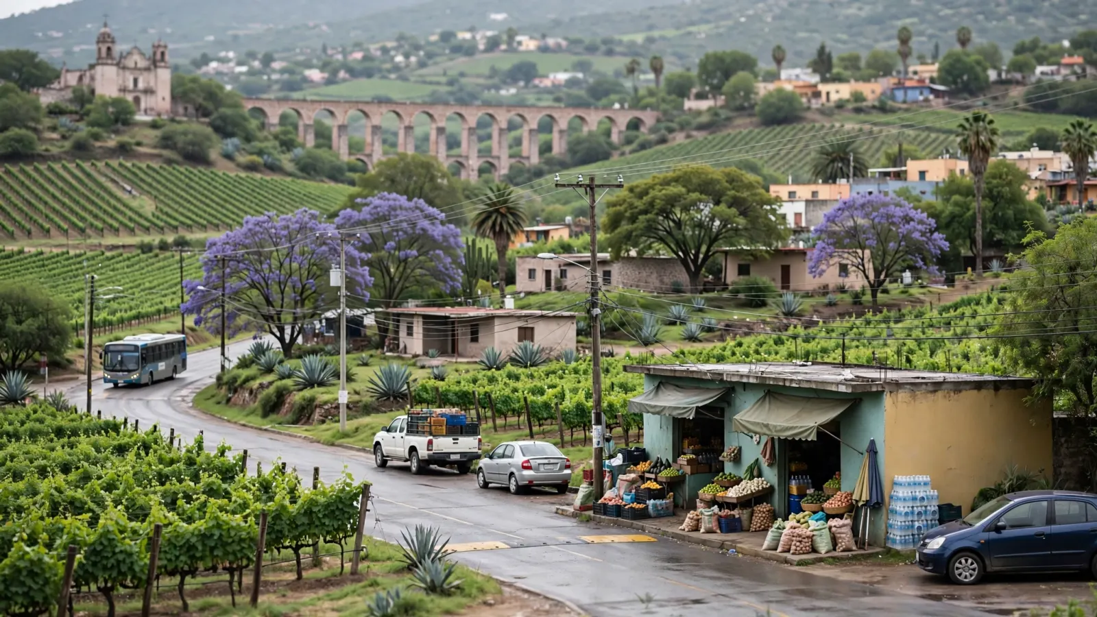 Viñedos y cabañas rurales en un paisaje de Querétaro