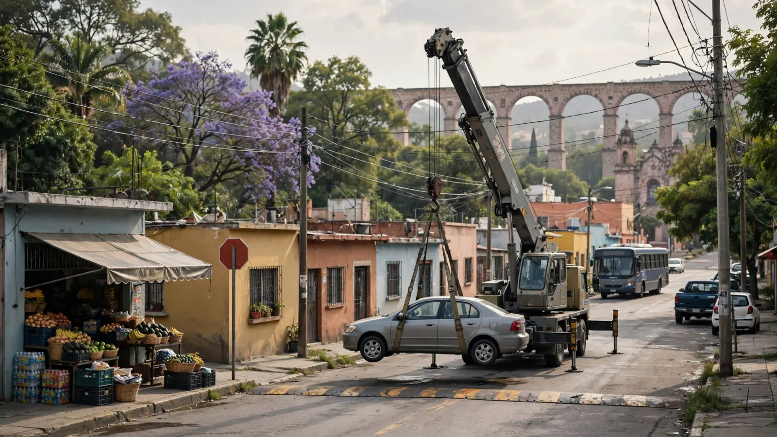 Una grúa sube un automóvil en una calle de Querétaro