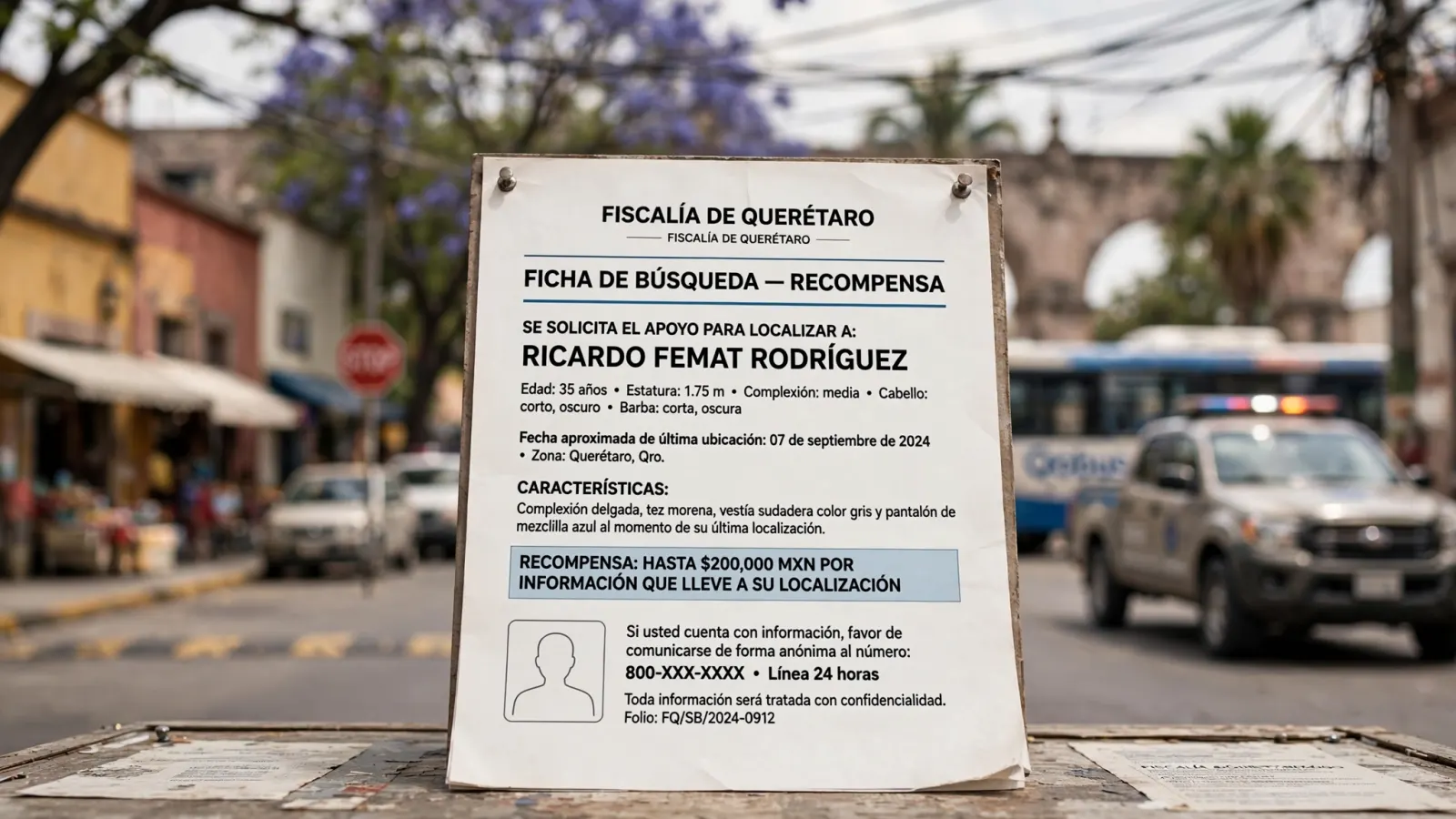 Ficha de búsqueda con recompensa emitida por la Fiscalía de Querétaro para localizar a Ricardo Femat Rodríguez