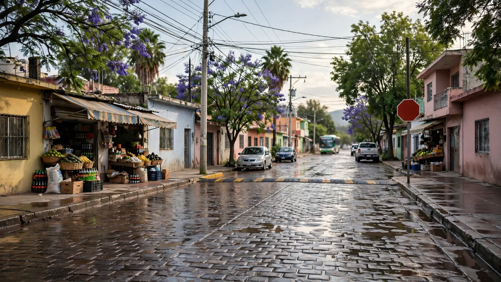Pavimento de empedrado húmedo recién rehabilitado en la calle 25 de Diciembre, comunidad de La Laja, Tequisquiapan