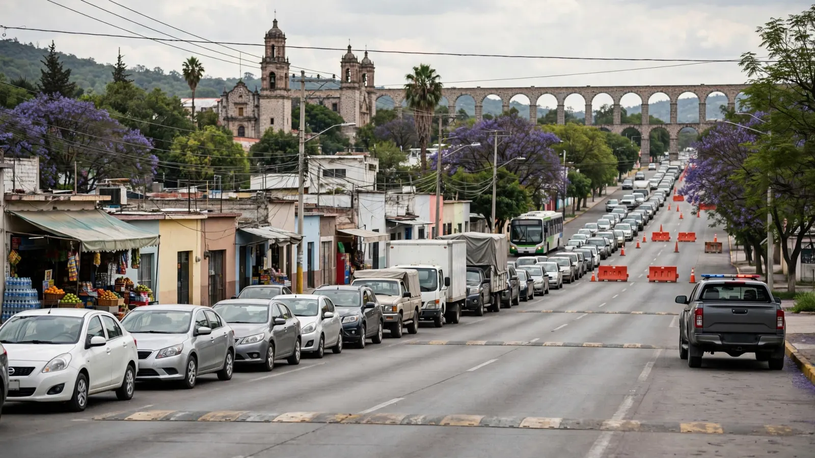 Fila larga de vehículos y camiones detenidos en una autopista durante un bloqueo de manifestantes.