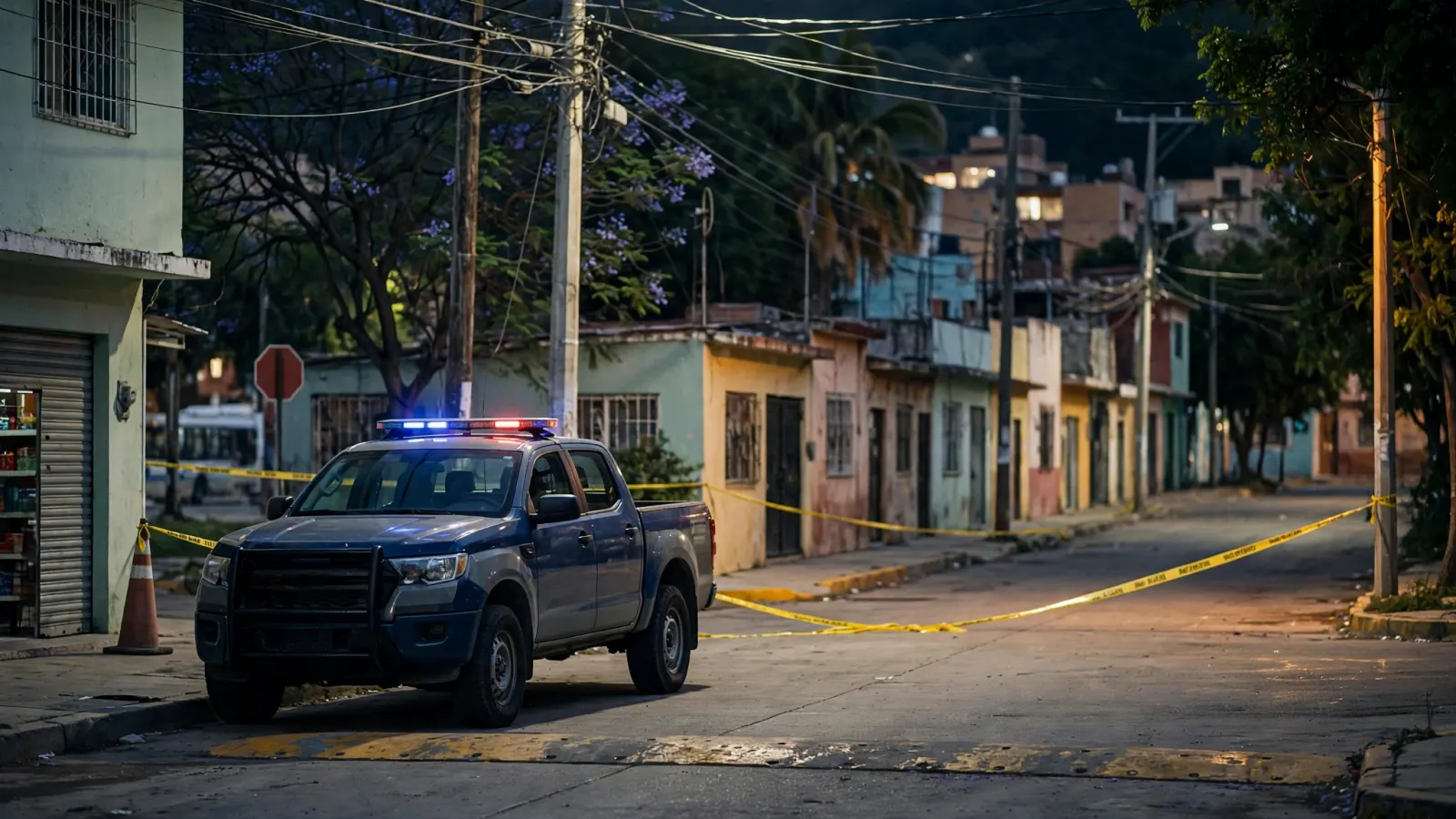 Patrulla de policía municipal estacionada de noche en una calle residencial acordonada con cinta amarilla.